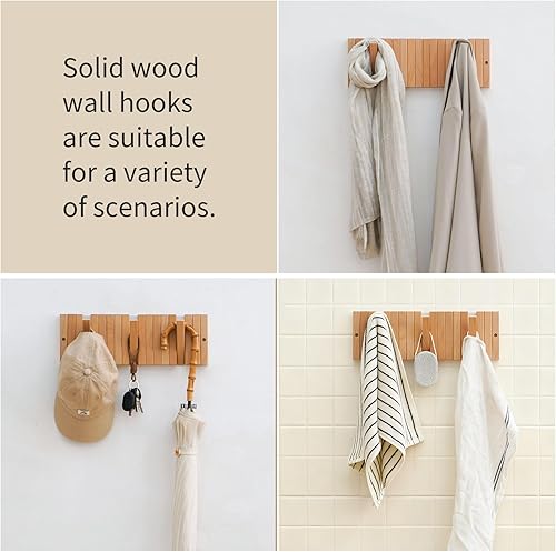 Miniatura 3 de Ganchos para abrigos y sombreros de pared con soporte para llaves, perchero montado en la pared con 9 perchas retráctiles, soporte delgado de madera