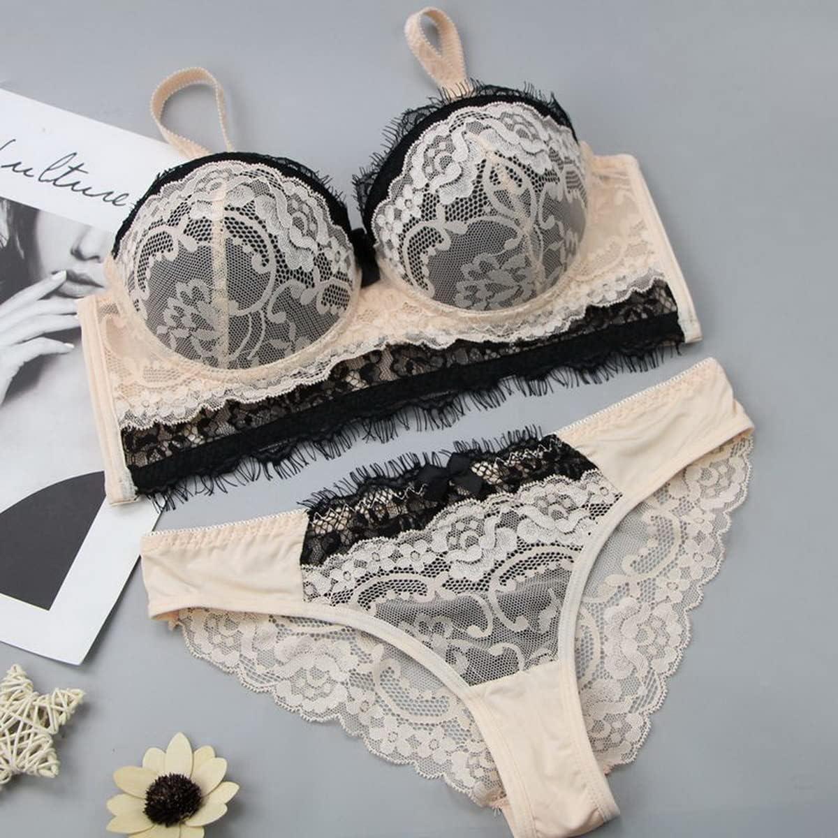 Swbreety Women's Lace Bra and Panty Set Push Up Floral Lace Lingerie Sets Underwire Bras