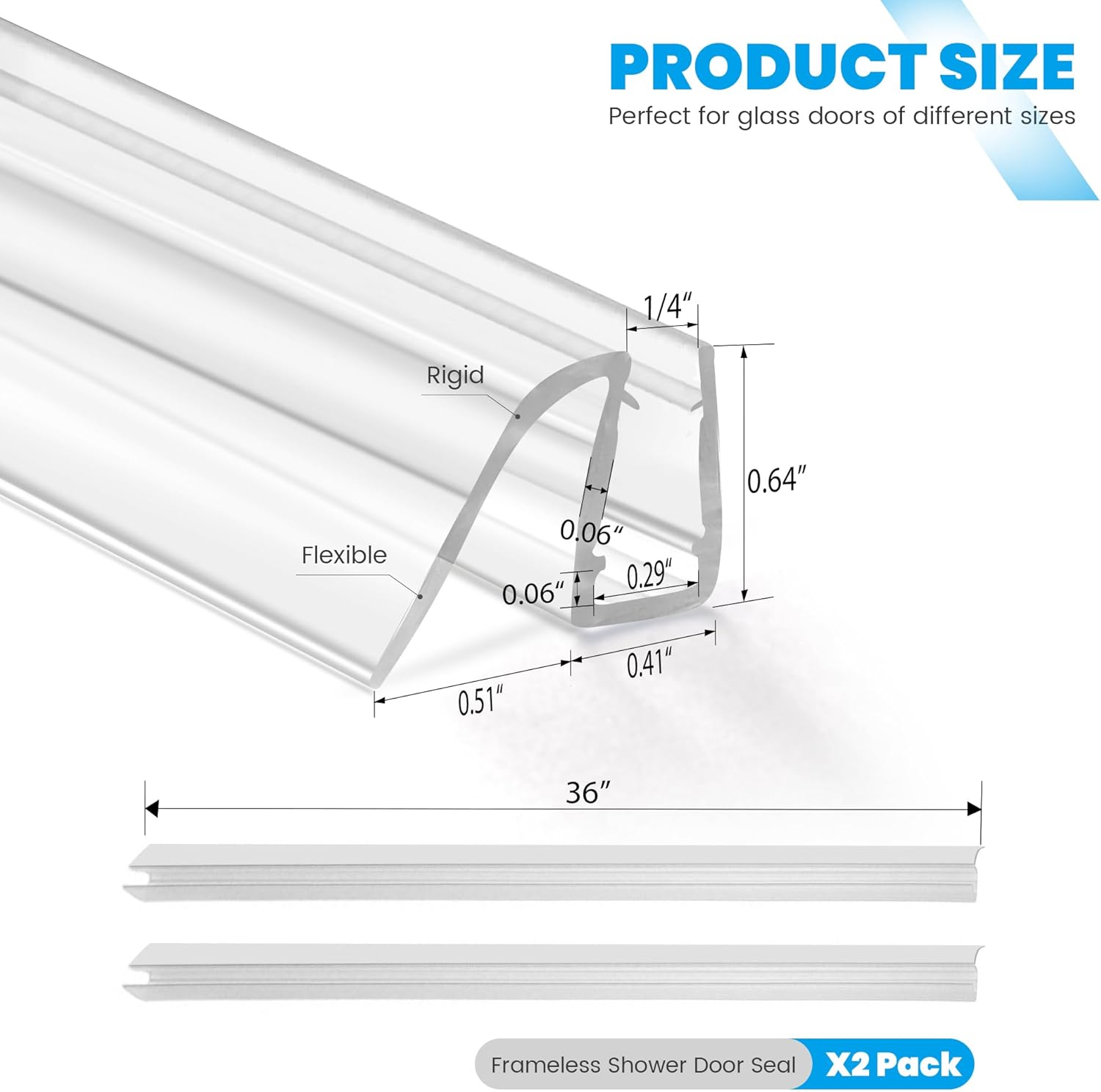 Bathroom Shower Glass Door Bottom Seal Strips, Length 36 Inch 2PCS Transparent PVC Door Bottom Seall Strips for 1/4" (6MM) Thick Framless Glass Panel
