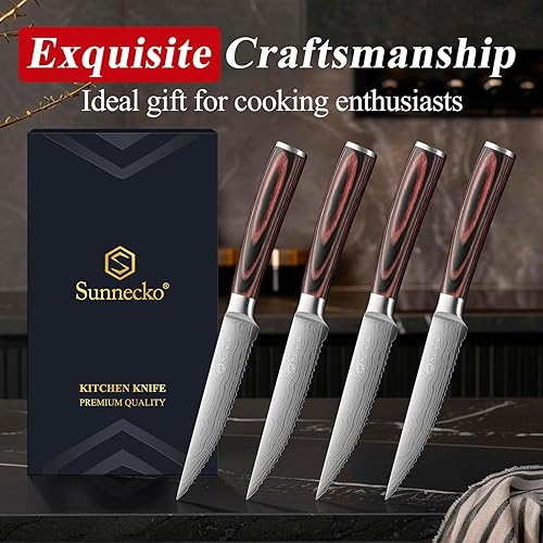 Miniatura 7 de Sunnecko Razor-Sharp - Juego de 4 cuchillos de carne dentados de acero inoxidable de alta calidad, mango de madera de Pakkawood de 4.5 pulgadas con