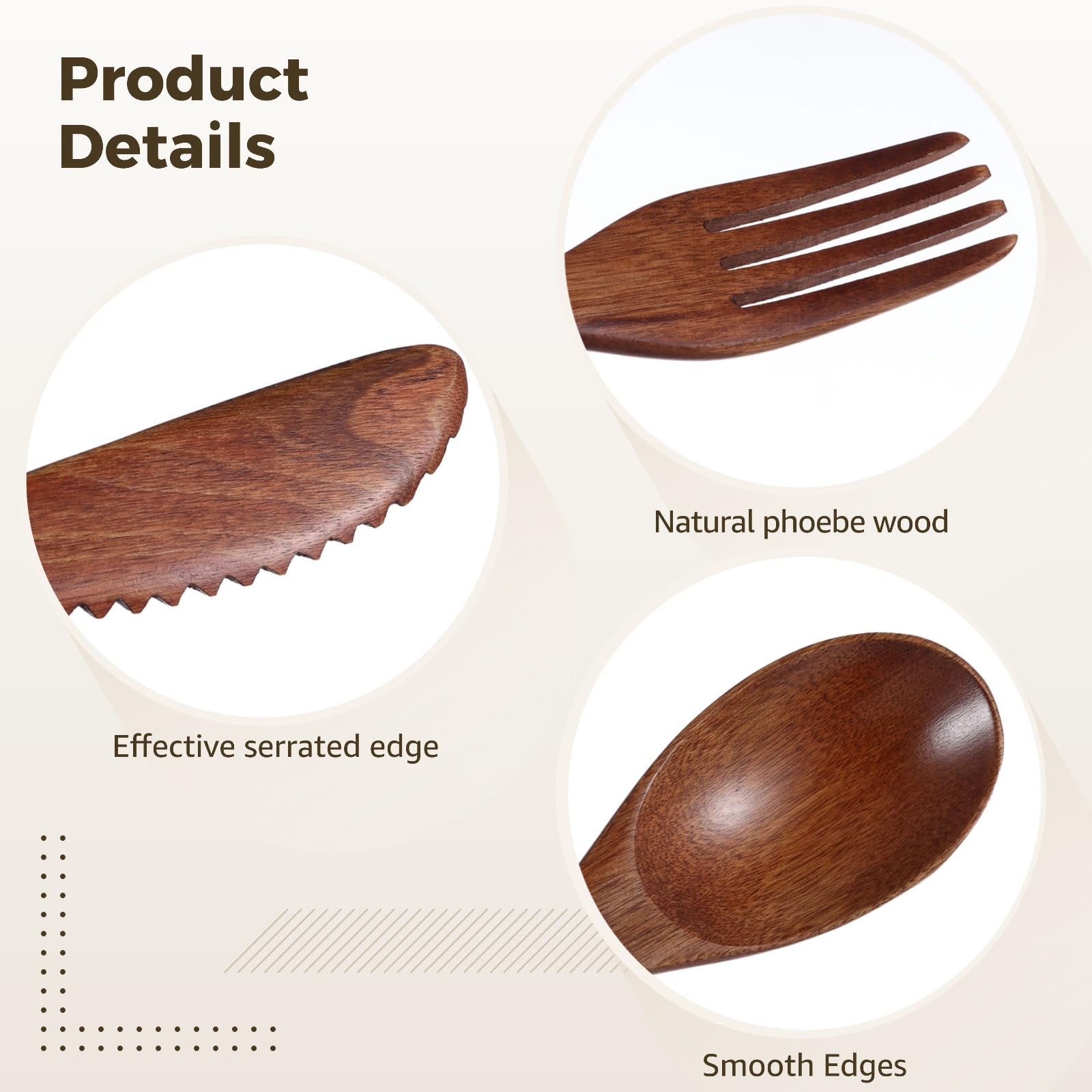 24-teiliges Holzbesteck-Set zum Essen mit Holzlöffel, Gabel und Messer, 22,5 cm lange Griffe, tragbares, leichtes Tischbesteck aus Phoebe-Nanmu-Holz, wiederverwendbar für Camping und Picknick