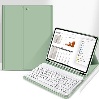 aoub Case for iPad 9th/8th/7th Generation 10.2 inch, Stand Folio Detachable Wireless Bluetooth Keyboard Cover Soft TPU Back Case with Pencil Holder for iPad 10.2 2021/2020/2019, Light Green