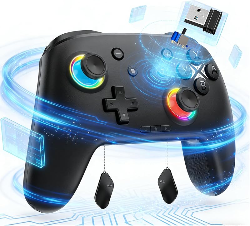 Switch Controller, Wireless Bluetooth Controller for Nintendo Switch 2/Switch/Lite/OLED, game controllers Compatible with iPhone/Mac/iPad/iOS/Android/Phone/PC/Steam and TV with Rotary Motors, RGB Hall Effect Joysticks/Macro Back Buttons/Turbo Modes/6-Axis/Motion/Wake up (Light Black)