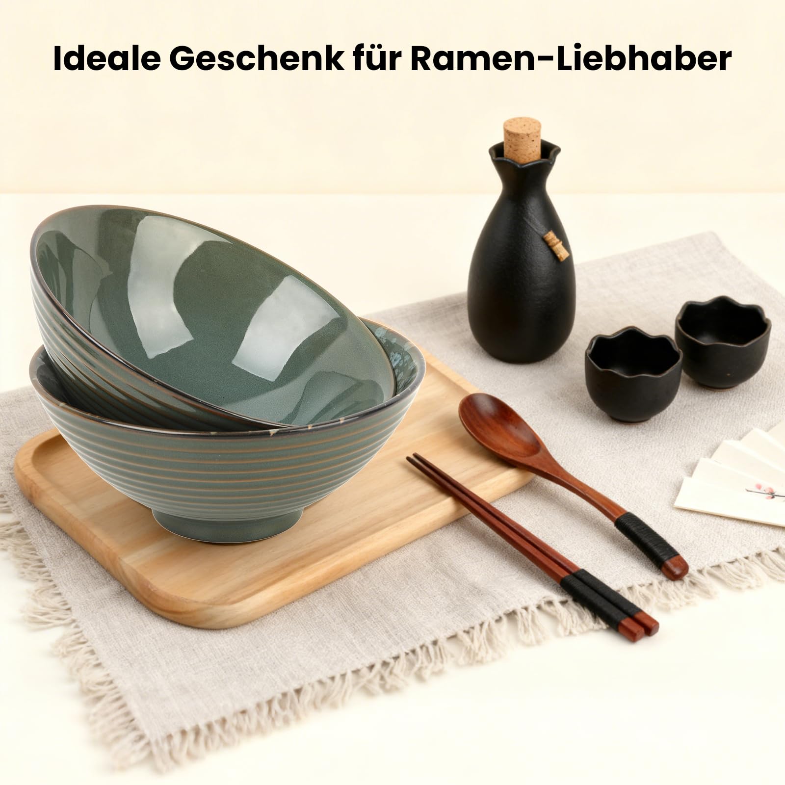 GEEKHOM Ramen Juego de 2 cuencos japoneses de cerámica con palillos y cuchara de madera de 1200 ml, grande, microondas y lavavajillas para pasta, sopa, pho, ensalada