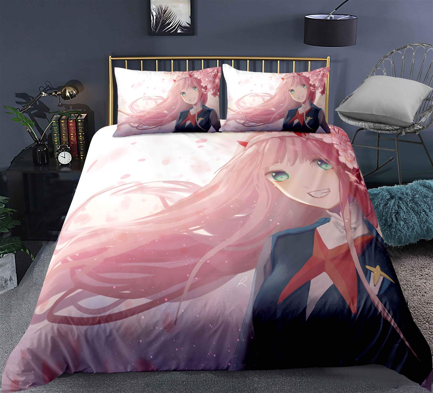 Chzhcc Three-Piece Quilt Cover for Darling in The FRANXX Zero Two 02 Series 10, 3D Anime Quilt Pillowcase, 100% Polyester, Soft and Comfortable, Bedding for Otaku and Anime Fans, Best Birthday Gift
