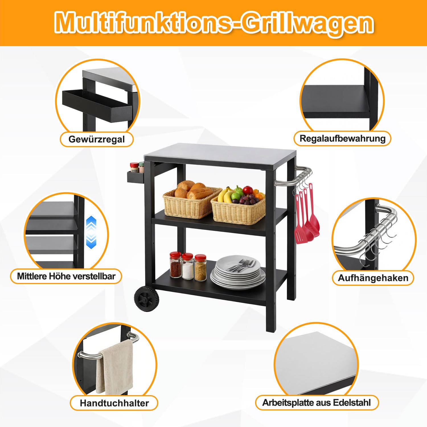 Carrello da barbecue per esterni, tavolo da barbecue, 2 ripiani regolabili in altezza, portaspezie e ganci, 84 x 67 x 41 cm, carrello da cucina con ruote per grigliare pizza e cucina in