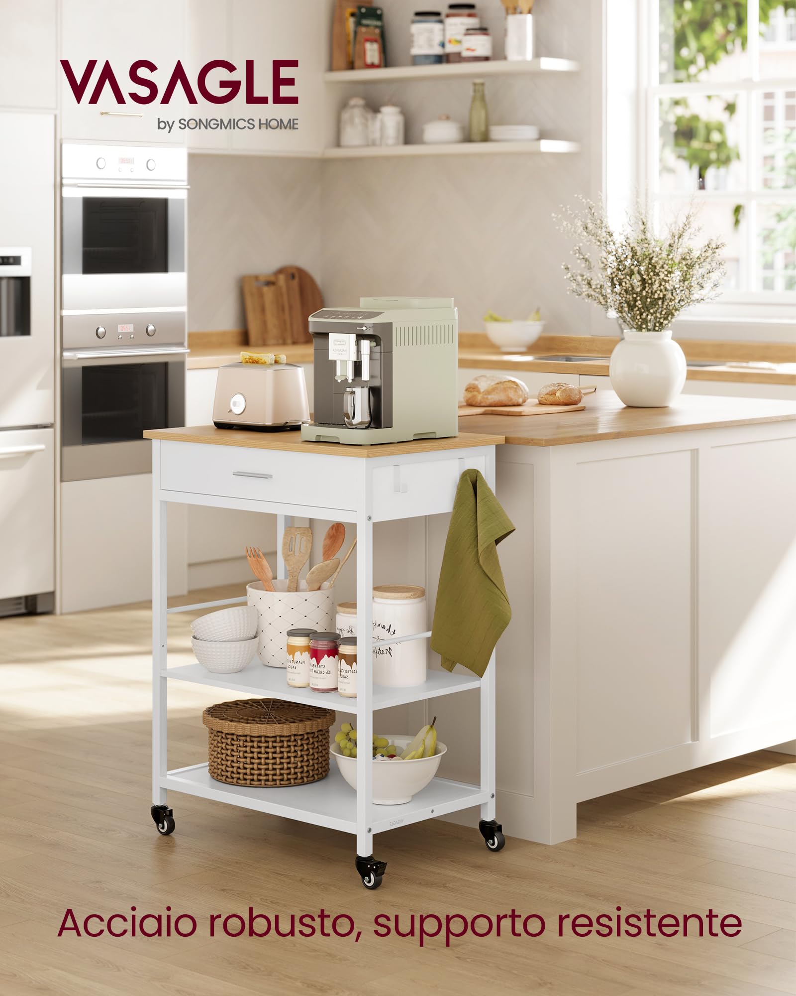 VASAGLE Isola da Cucina Mobile con Ruote, Carrello da Cucina, 45 x 60 x 90 cm, Cassetto, 2 Ganci, per Sala da Pranzo, Rovere Beige e Bianco Opaco KKI007Y01
