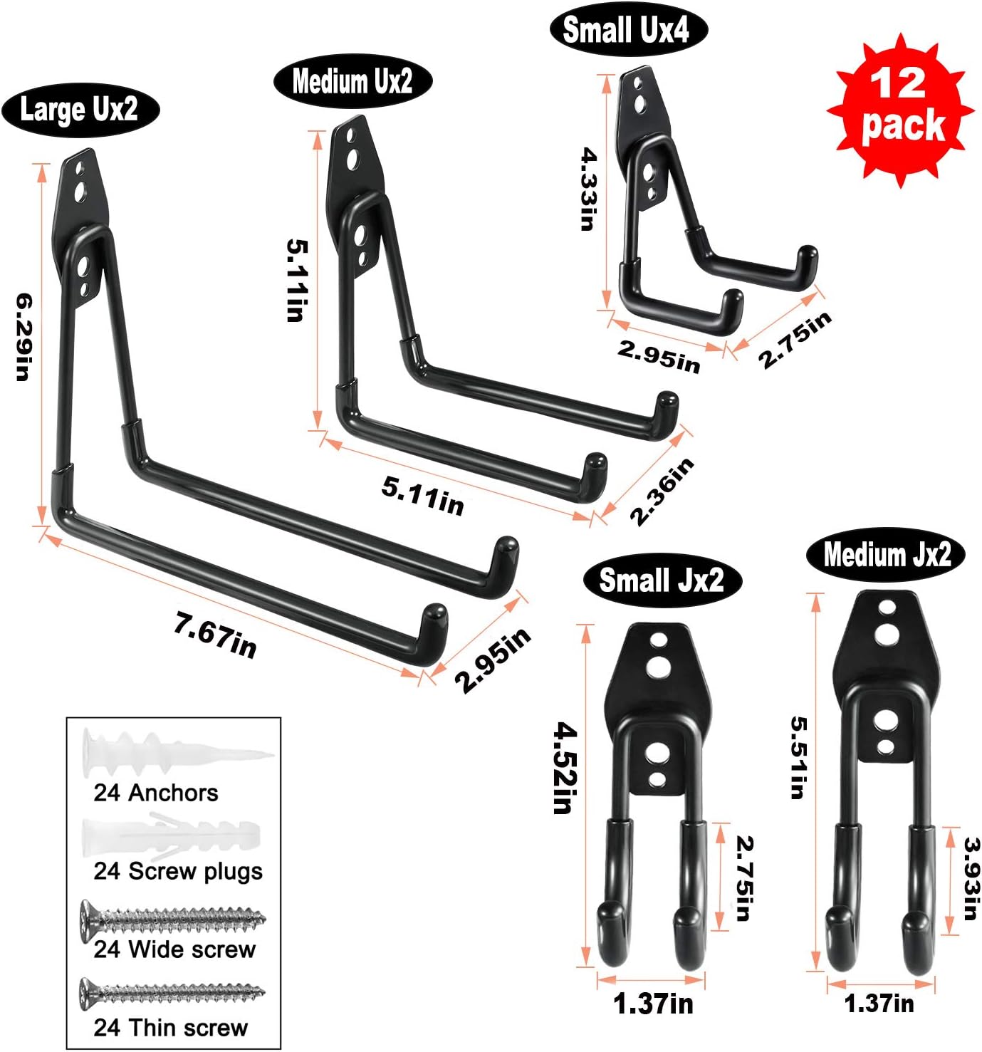 HUPBIPY 12 Pack Garage Hooks Heavy Duty,Utility Steel Garage Storage Hooks,Wall Mount Garage Hanger&Organizer for Organizing Power Tools,Ladders,Bulk Items,Bikes,Ropes and More Equipment - - 