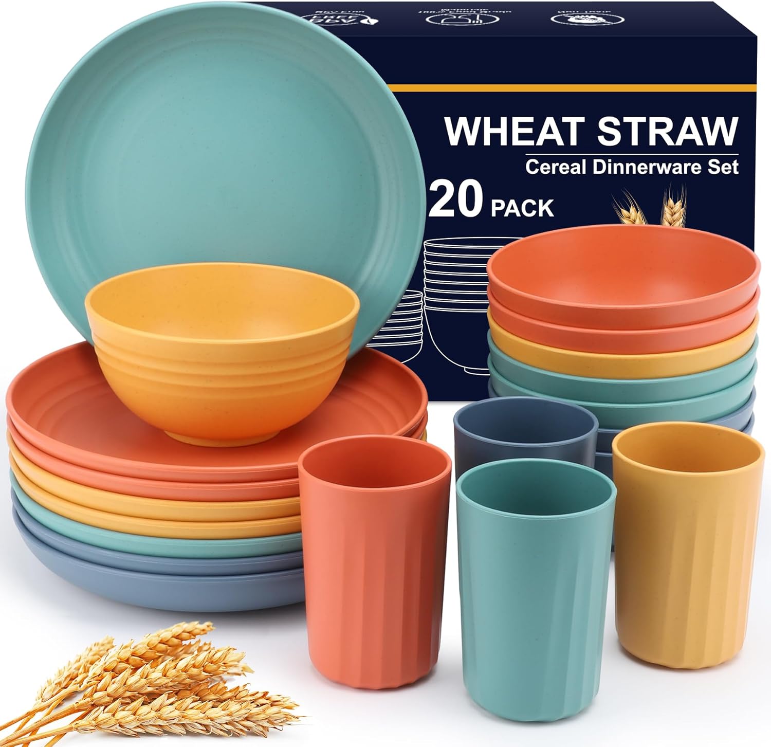 Amazon.com | HOTEC 20-Pack Unbreakable Wheat Straw Dinnerware Set – BPA ...
