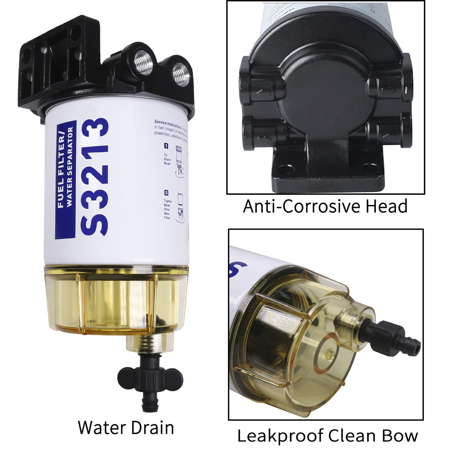 CARMOCAR Fuel Filter Water Separator replacement for Marine Outboard Motor Mercury with 3/8" Barb x 1/4" NPT brass Fittings Replaces# S3213, S3214, 35-60494-1, S3213, 18-7932-1, 18-17928, 35-809097
