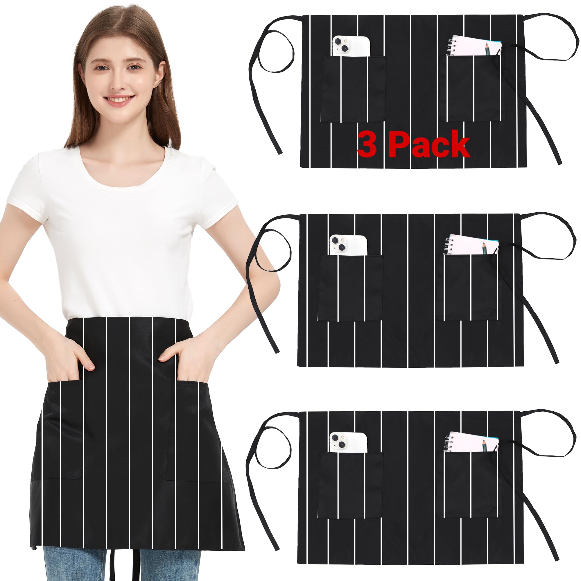 FunChaos 3 Pack Waist Apron with 3 Pockets, Black White Waitress Waiter Aprons for Women Man, Water Resistant Server Aprons Long Straps Bistro Apron for Chef Restaurant Work Bar (27.56''X 18.11'')