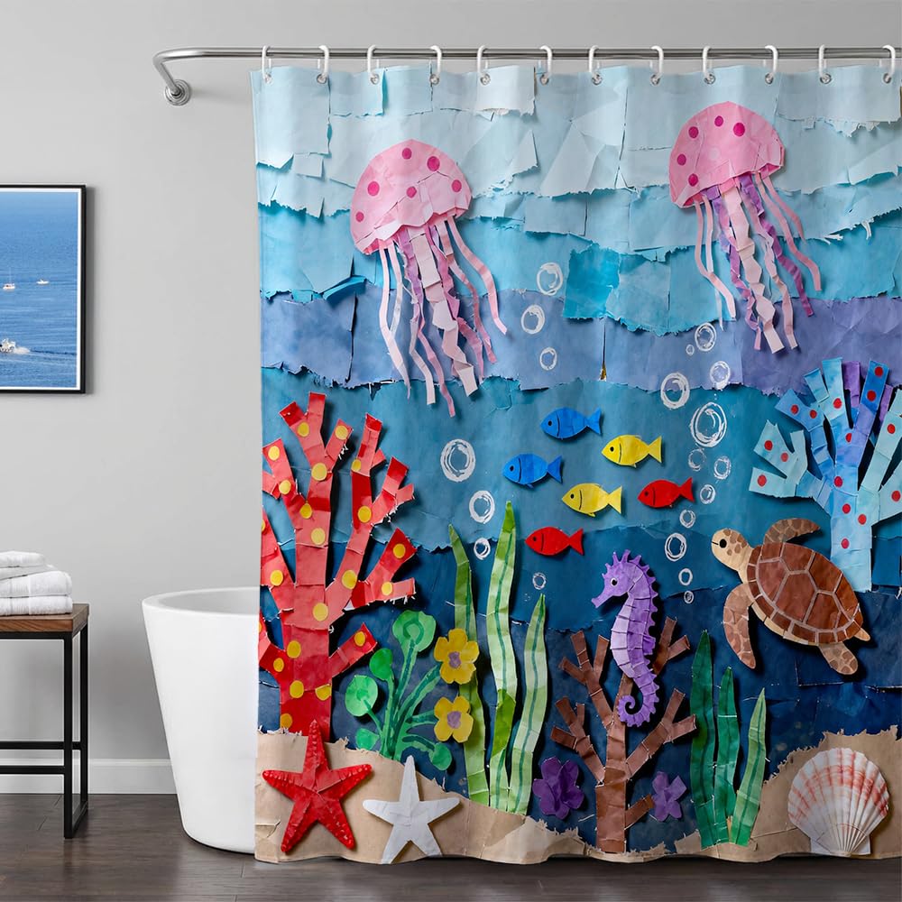 Zafyygh Colorful Under The Sea Collage Art Shower Curtain, 72X72 Inch Marine Life Turtle Jellyfish Seahorse Fabric, Waterproof Kids Bathroom Decor With 12 Hooks