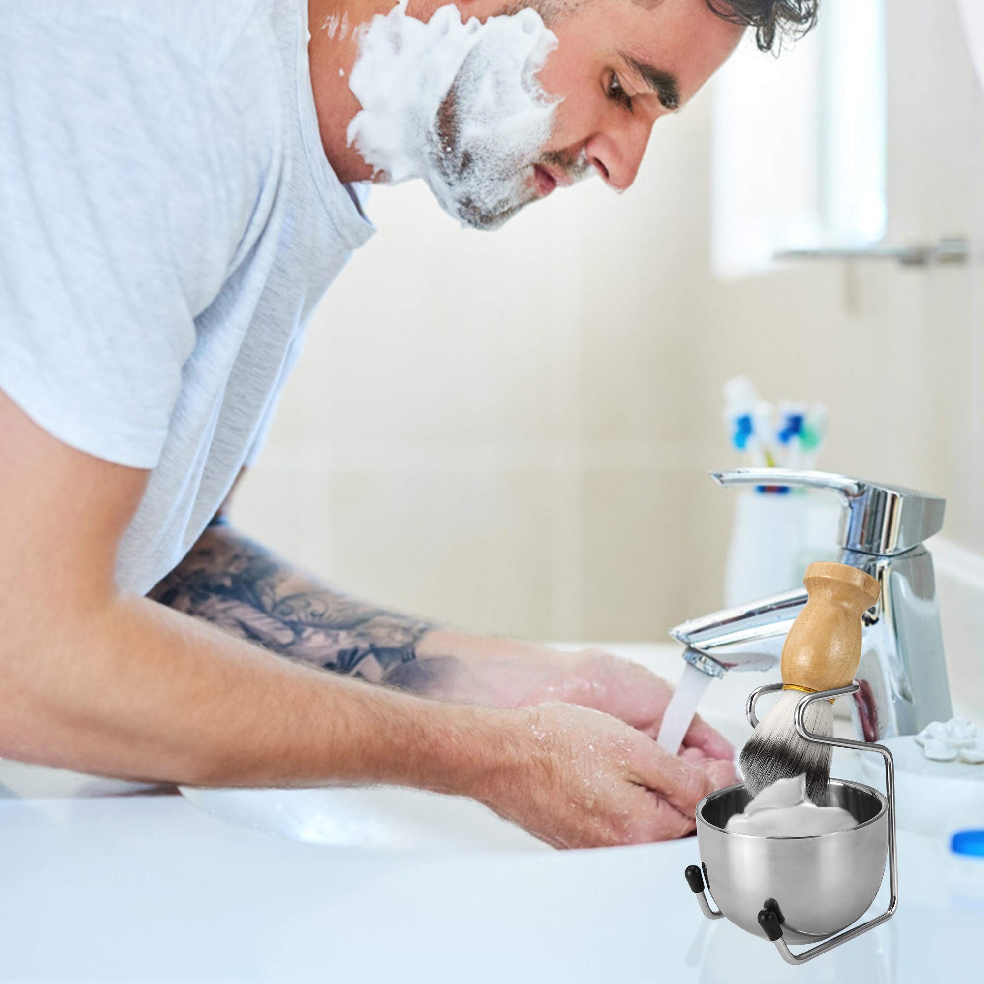 Juego de brochas de afeitar para hombre, incluye jabón de afeitar de 3.53 oz, soporte de cepillo de afeitar de cabello suave, acero inoxidable con kit de tazón para hombre 7