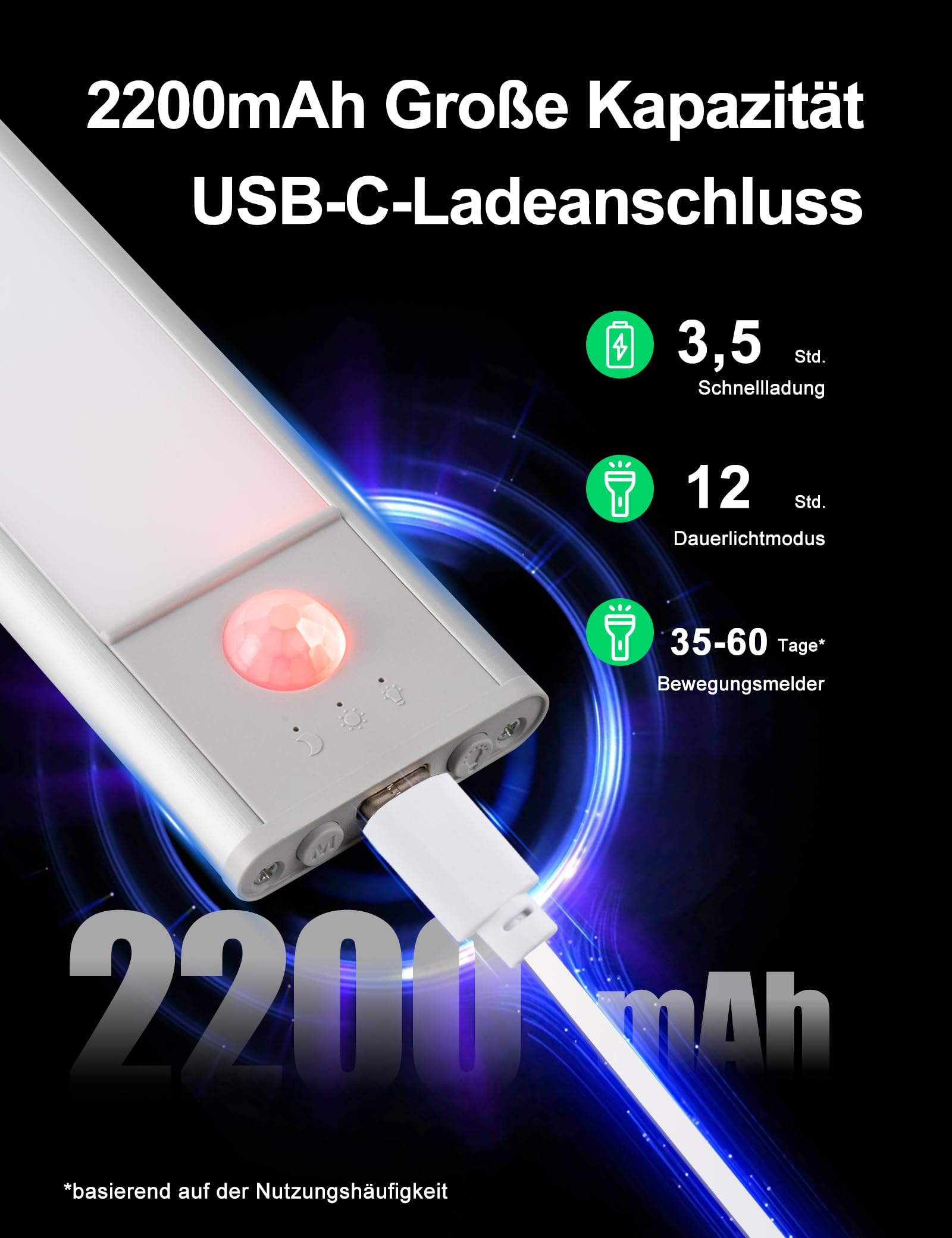30CM Magnetische Schranklampe mit Bewegungsmelder, 2200mAh Kabellose LED Unterbauleuchte, 3000K/4000K/6500K Farbtemperatur, Dimmbar, Ideal für Küche, Schrank, Vitrine, 2 Stück
