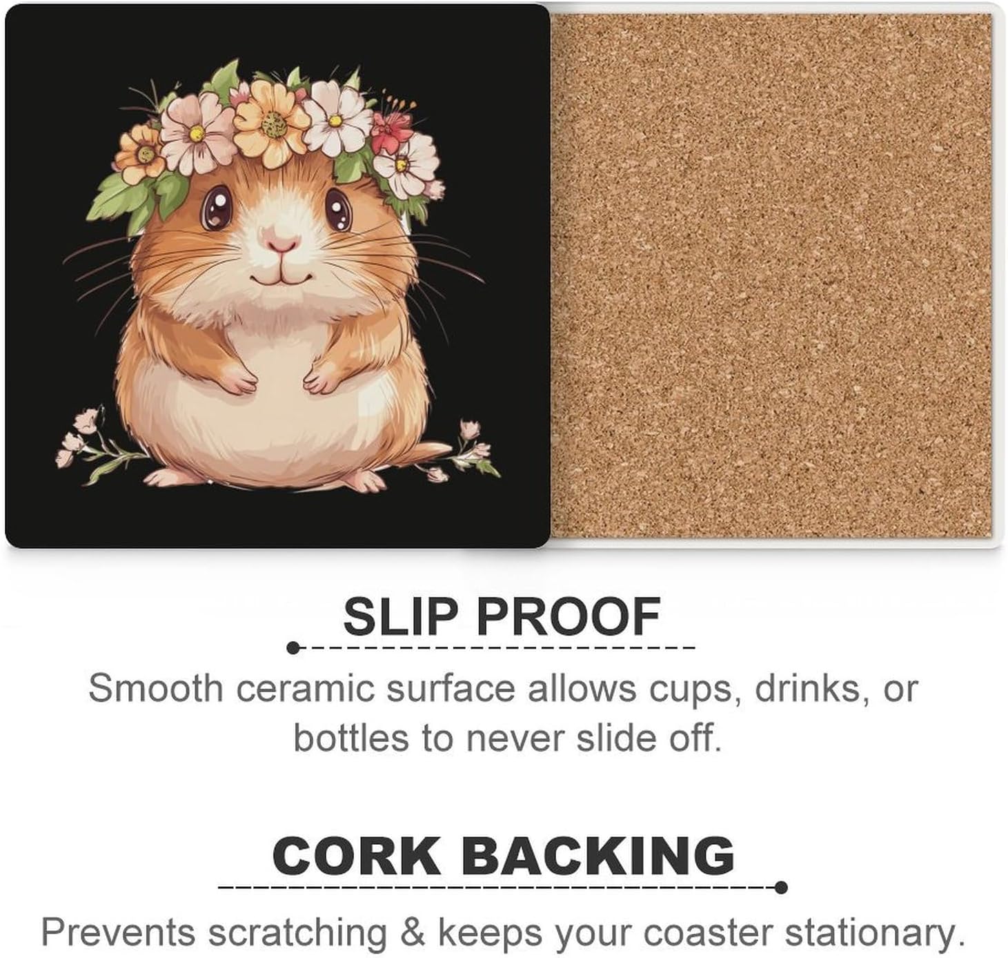 Hamster Coasters for Drinks Square Ceramic Coasters Cup Mats with Cork Base