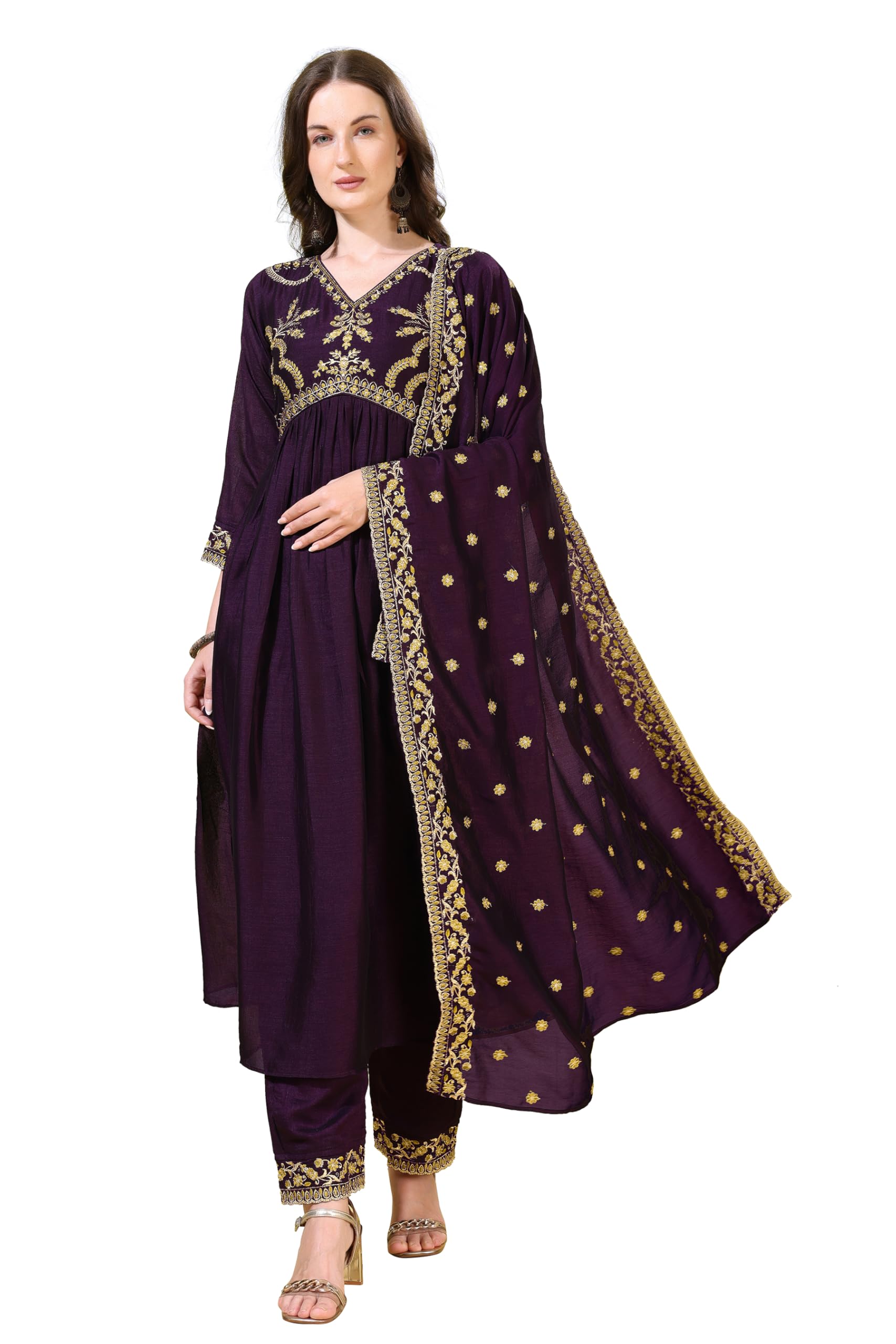 Pratham Blue Women's Silk Embroidered Regular Kurta Sets (Bkp-1009-Xl_Purple