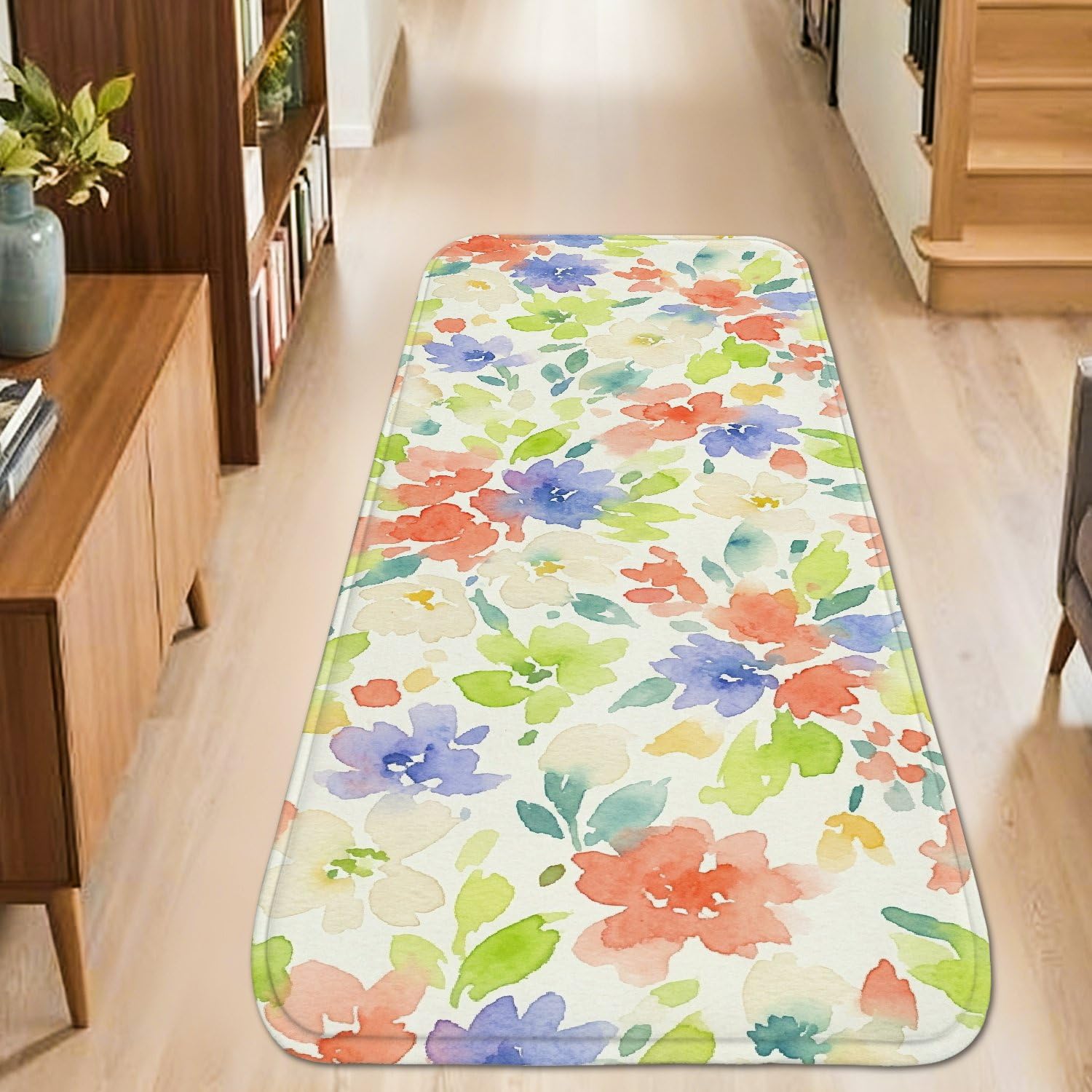 Tapis de couloir floral à poils courts lavable pour sols glissants d'entrée