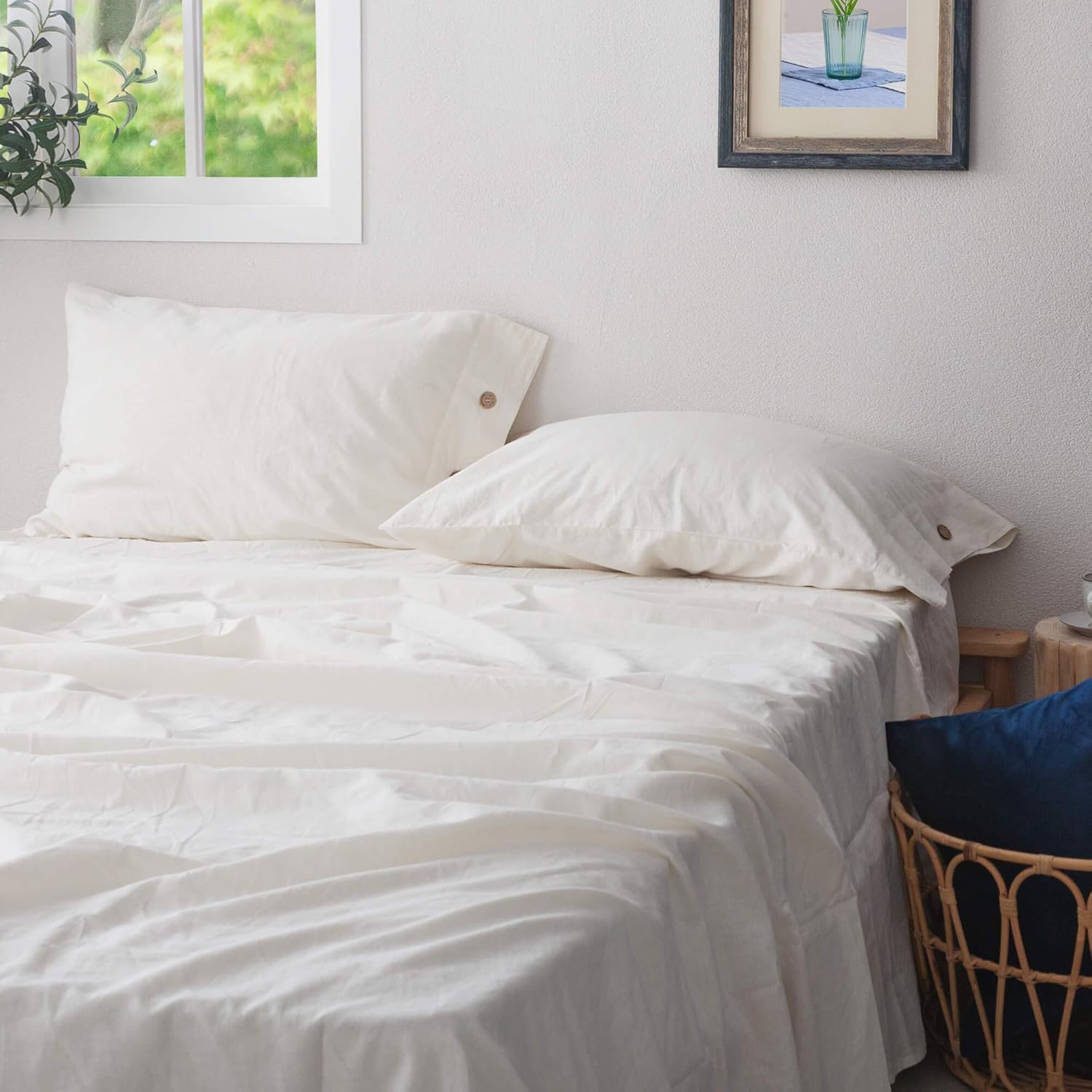 ATLINIA Linen Cotton Sheet Set, 1Flat Sheet, 1 Fitted Sheet and 2