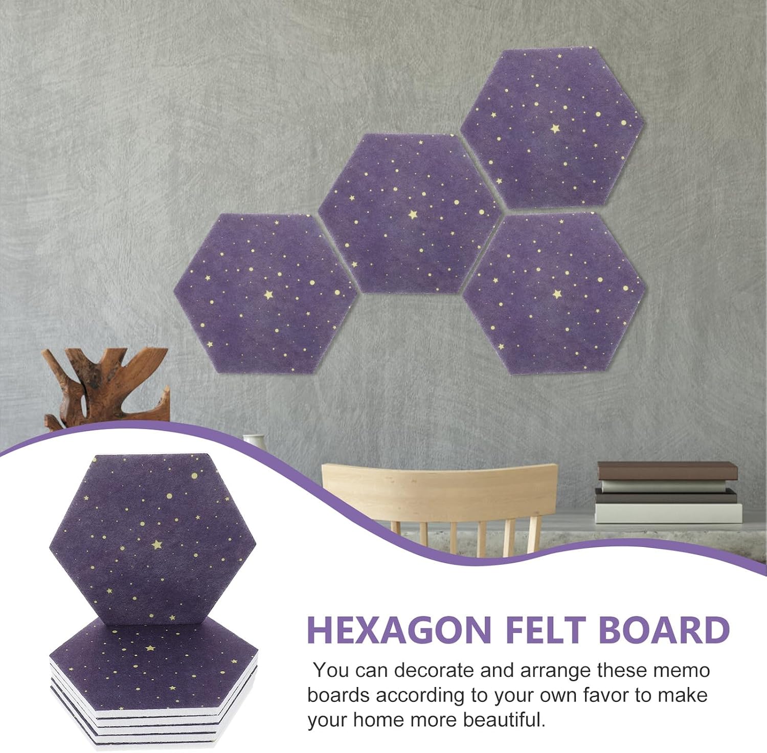 Homoyoyo 6pcs Hexagon Felt Boards Tiles Self-Adhesive Wall Memo Pin Boards for Home Office Classroom Decorative Bulletin Cork Organizer for Photos Notes