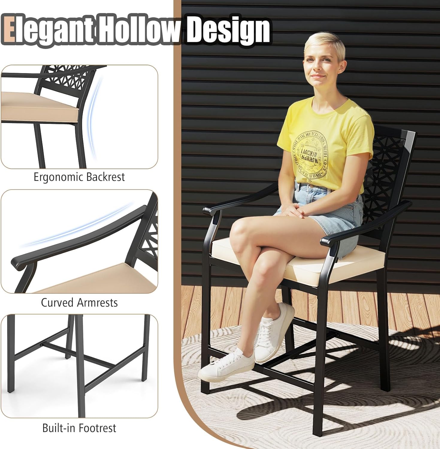 COSTWAY Set of 2 Outdoor Bar Stools, 25'' Patio Tall Chairs w/Seat Cushions, Armrests & Footrest, 330 LBS Capacity, Metal Counter Height Dinning Stools for Garden, Deck, Poolsidec