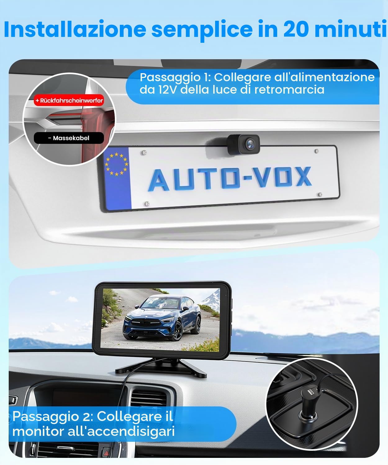 AUTO-VOX Telecamera di retromarcia wireless: monitor da 5 pollici 1080p, doppio canale, installazione in 30 minuti, trasmissione radio digitale stabile, impermeabile IP69K e visione notturna, per SUV