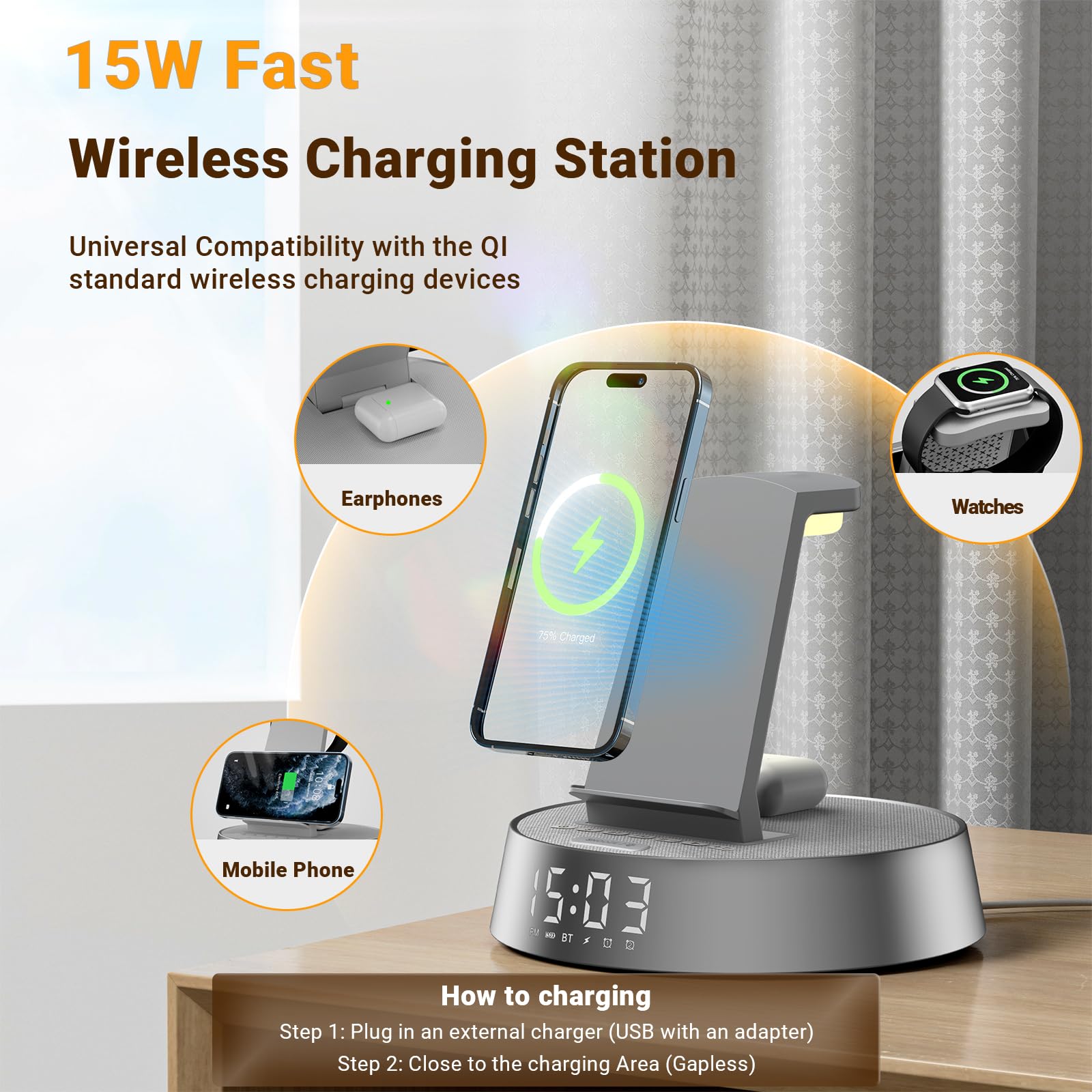 COLSUR Cargador inalámbrico para radio despertador i Phone con altavoz