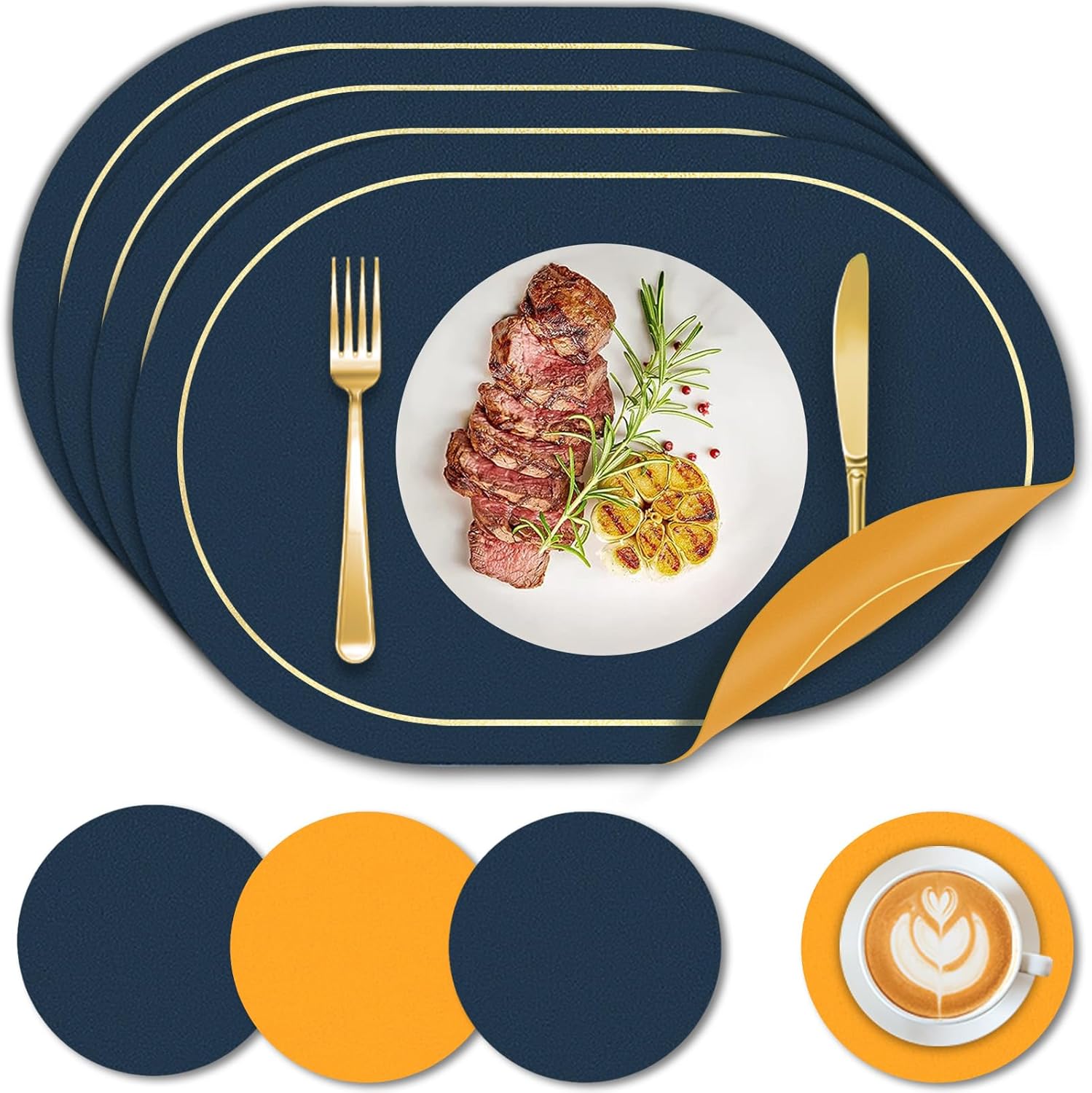 Placemats and Coaster Set 4, PU Leather Place Mats for Table 45x 30cm, DualSided Heat Resistant