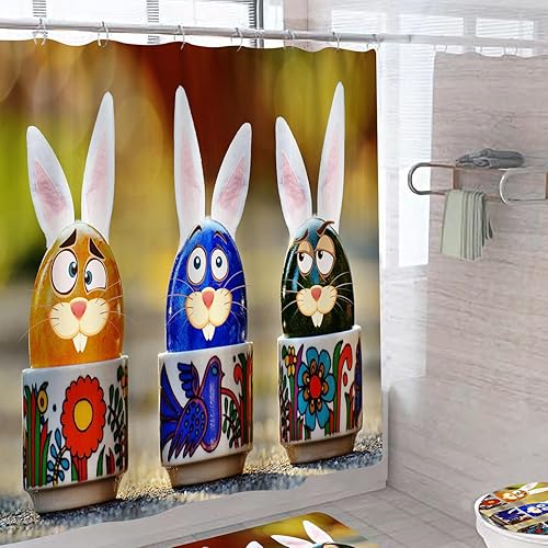 Miniatura 2 de DDS-DUDES Juego de cortinas de ducha de Pascua, divertidos huevos de Pascua y huevos azules para decoración de baño, cortinas de tela impermeable