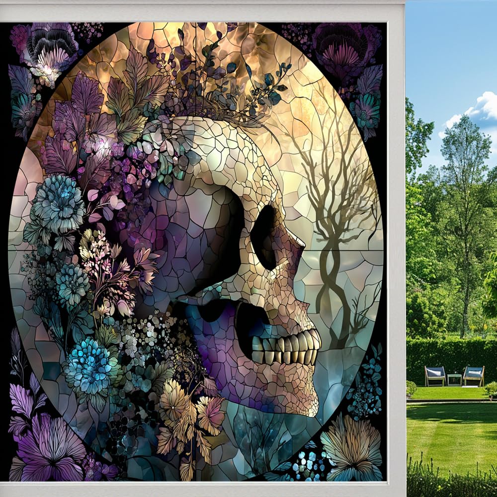 Dark Skull Stained Glass Window Film, Abstract Floral Horror Peel and Stick Privacy Film, Frosted Adhesive Vinyl Decorative for Bathroom Windows Glass Doors,（45x100cm）