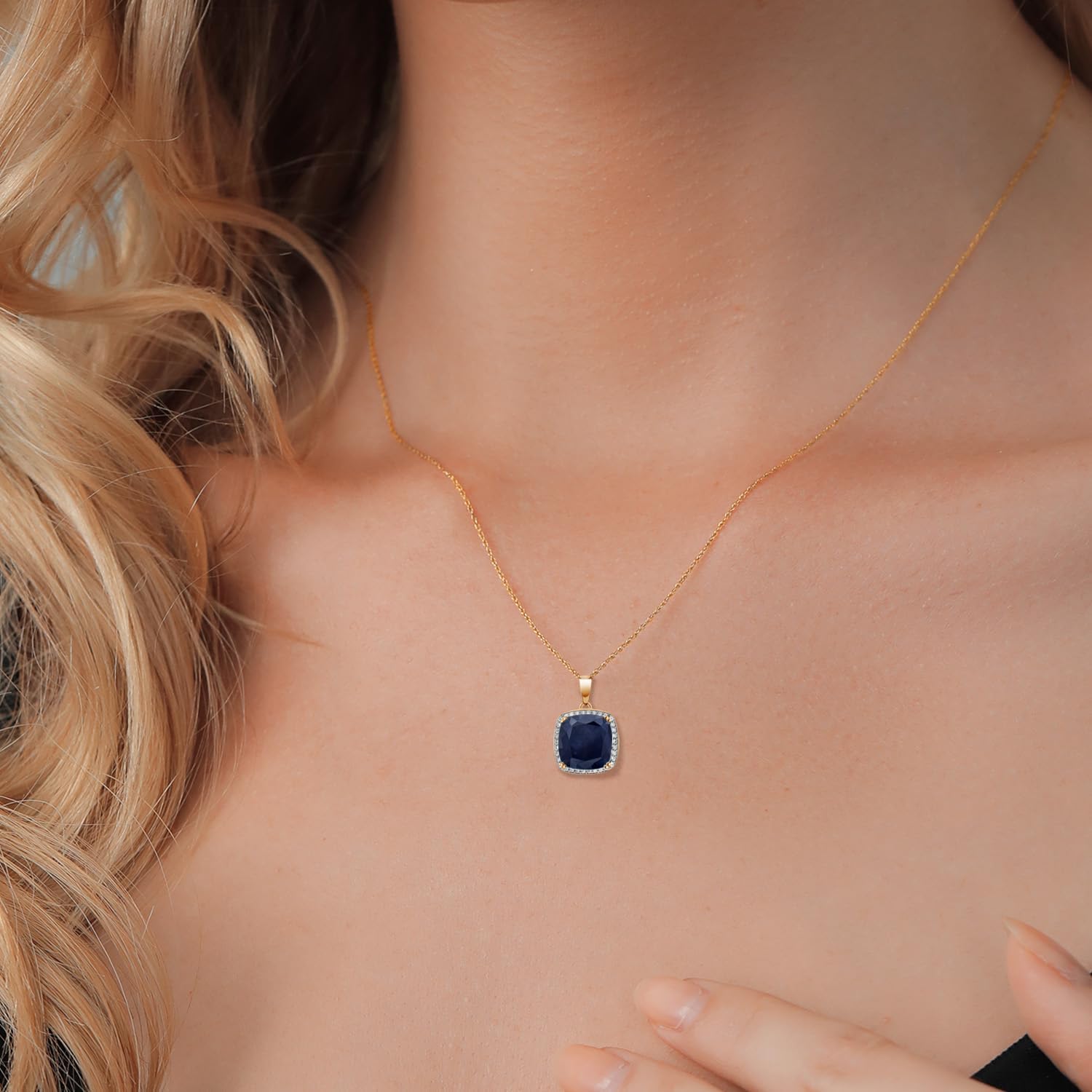 Gem Stone King 10K Yellow Gold Customized and Personalized Cushion Cut 12MM Gemstone Birthstone and White Created Sapphire Pendant Necklace For Women with 18 Inch Chain - Image 4