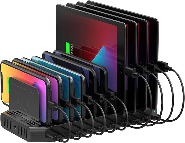 Charging Station for Multiple Devices, Unitek 60W 10 Port USB Charging Station Dock & Organizer with Adjustable Dividers, Multi Device Charging Station for Cell Phones, Tablets, and Other Electronics