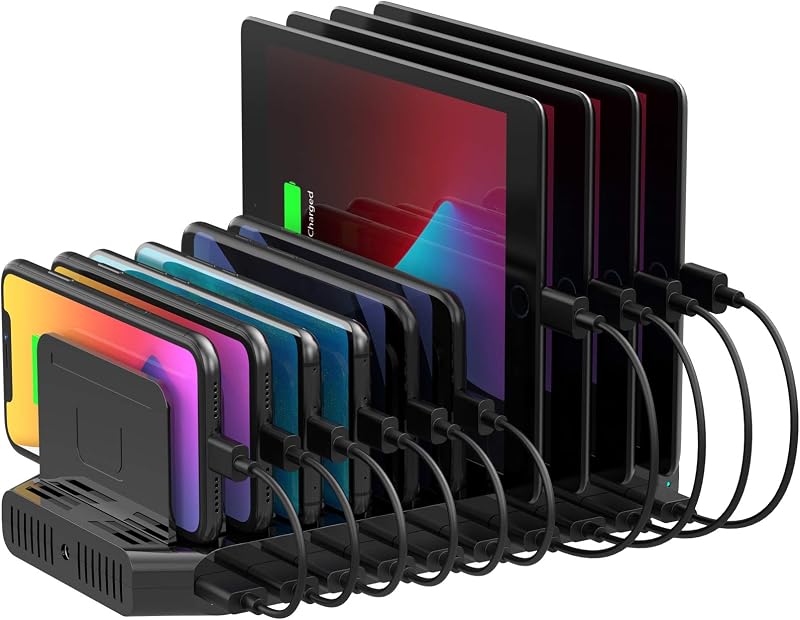 10 USB Charging Station Multiple Devices for iPad Tablet iPhone Mic | Cell Phone Headphone Watch Desk Lamp 60W Simultaneous Fast Charger Adjustable Dividers,Easy Set Up for Home Office Classroom
