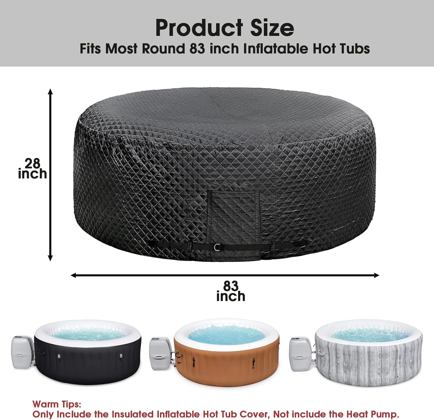 UCEDER Insulated Inflatable Hot Tub Cover,Round Spa Thermal Cover with External Heater/Pump Install Door Design,Energy-Saving and Eco-Friendly for Keeping Warm(Black, 83" D x 28" H)