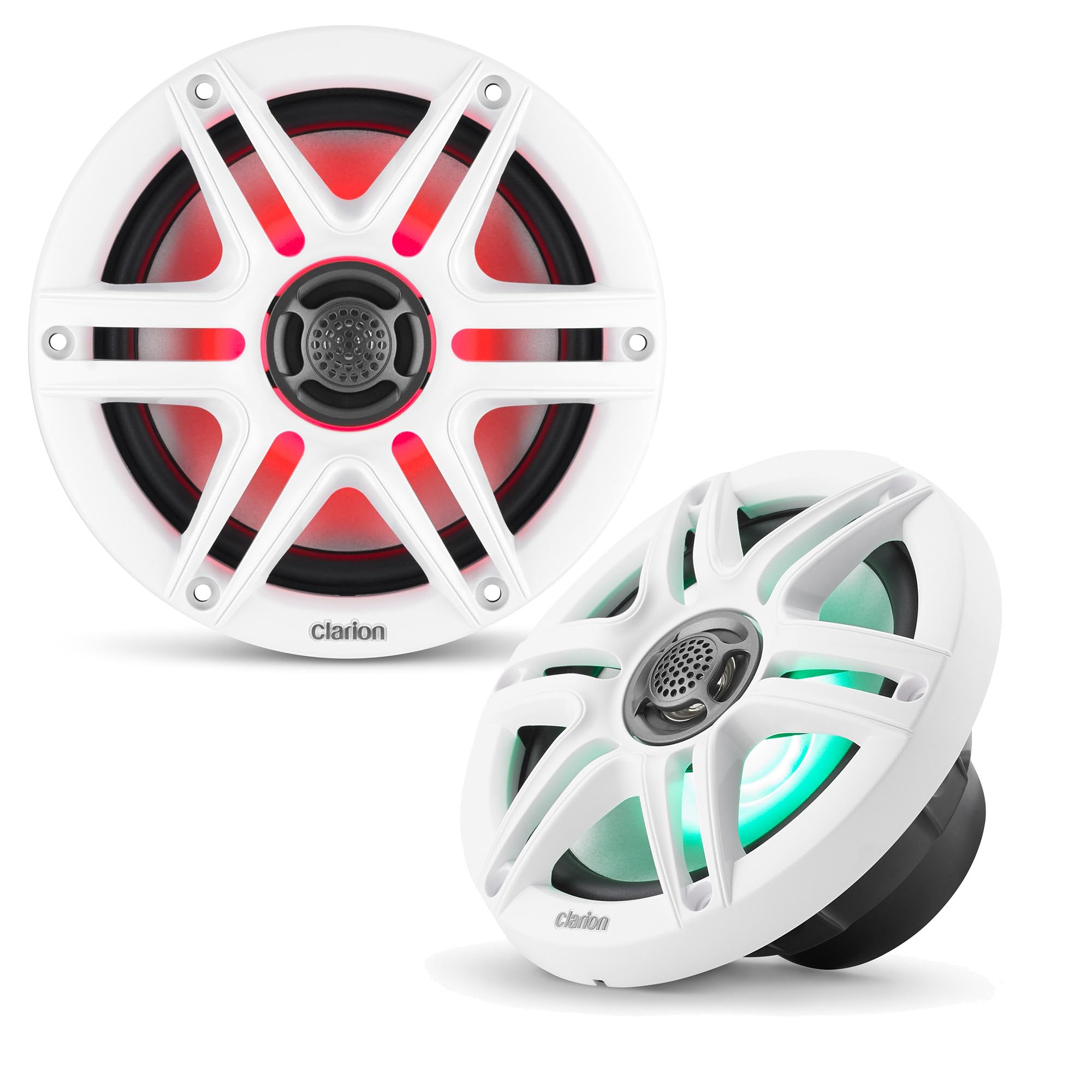 Clarion CMS-651RGB-SWB - Altavoces marinos coaxiales de 6.5 pulgadas con iluminación RGB incorporada, 30 W RMS, manejo de potencia, tweeter de cúpula de polímero de 13 mm, incluye rejillas deportivas