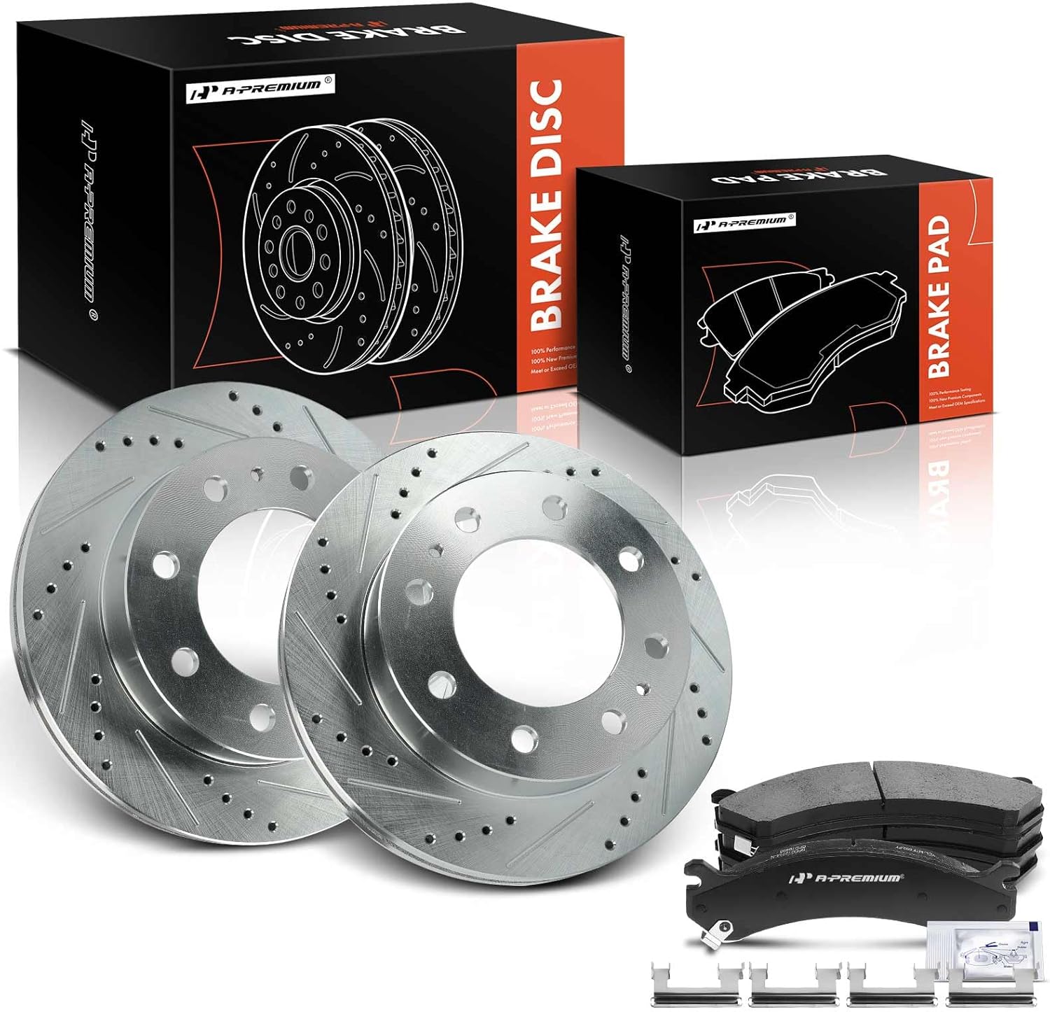 A-Premium 12.79 in (324.9 mm) Front Drilled and Slotted Disc Brake Rotors + Ceramic Pads Kit Compatible with Select Chevrolet & GMC Models - Silverado 3500, Express 4500, Sierra 3500, Savana, 6-PC Set