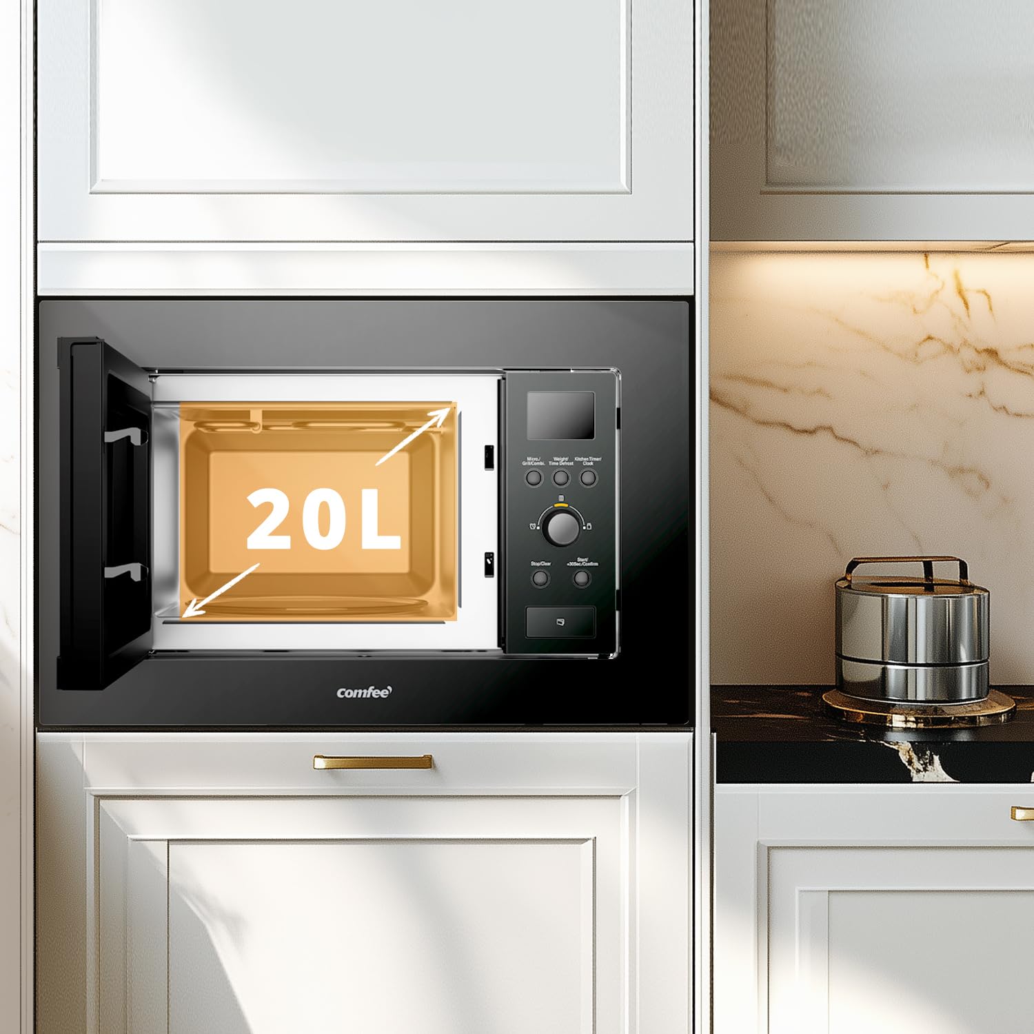COMFEE' Forno a Microonde da Incasso Digitale, 20 Litri, 800W, Grill, 5 Livelli di Potenza, 8 Menù automatico, Funzione Defrost Rapido, Nero- CBMAG820BJL-BK