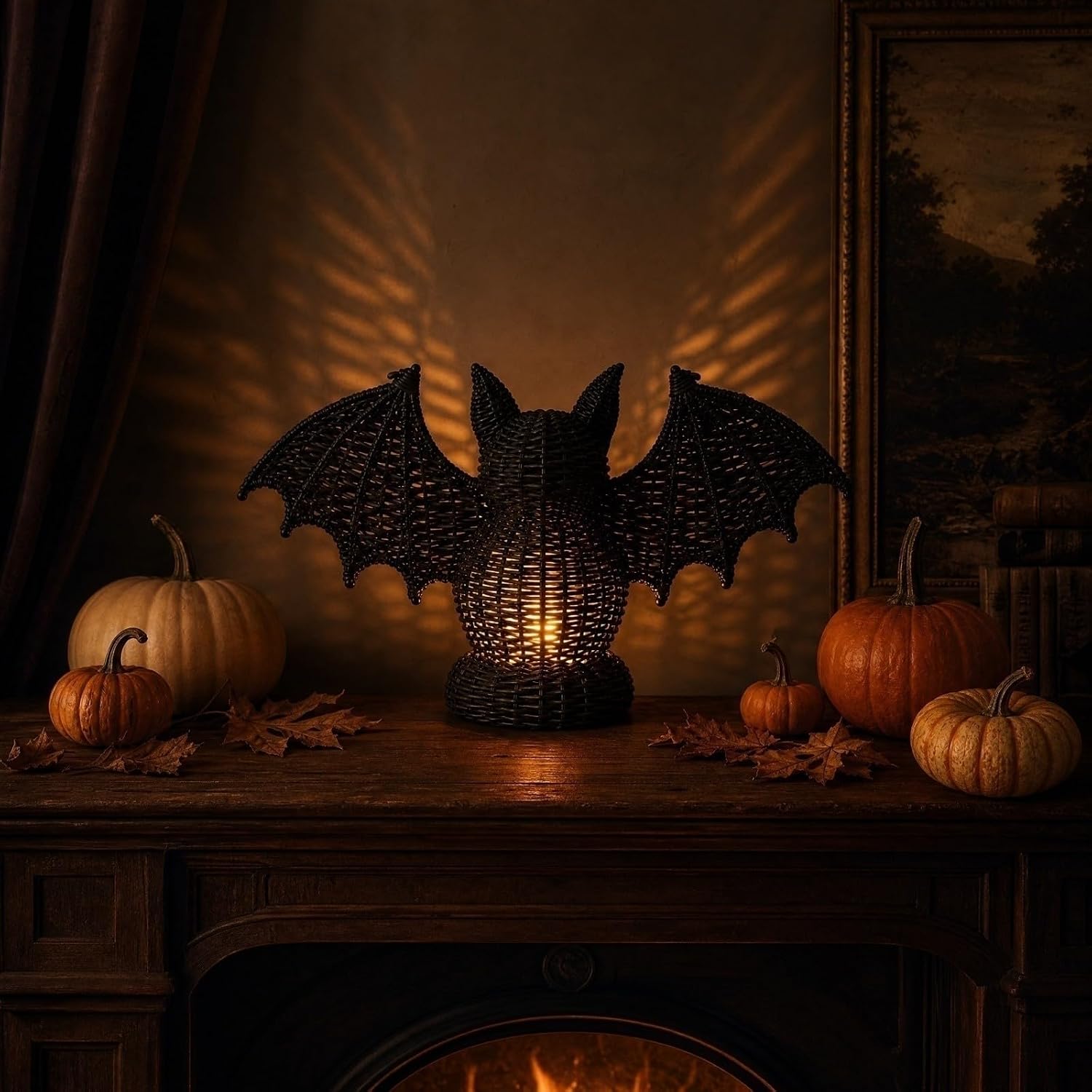 TREBIN Handwoven Wicker Halloween Bat Lamp, Gothic Home Decor, Halloween Candy Basket & Trick or Treat Bucket, Rustic Rattan Lantern for Fall Harvest Spooky Tabletop Storage