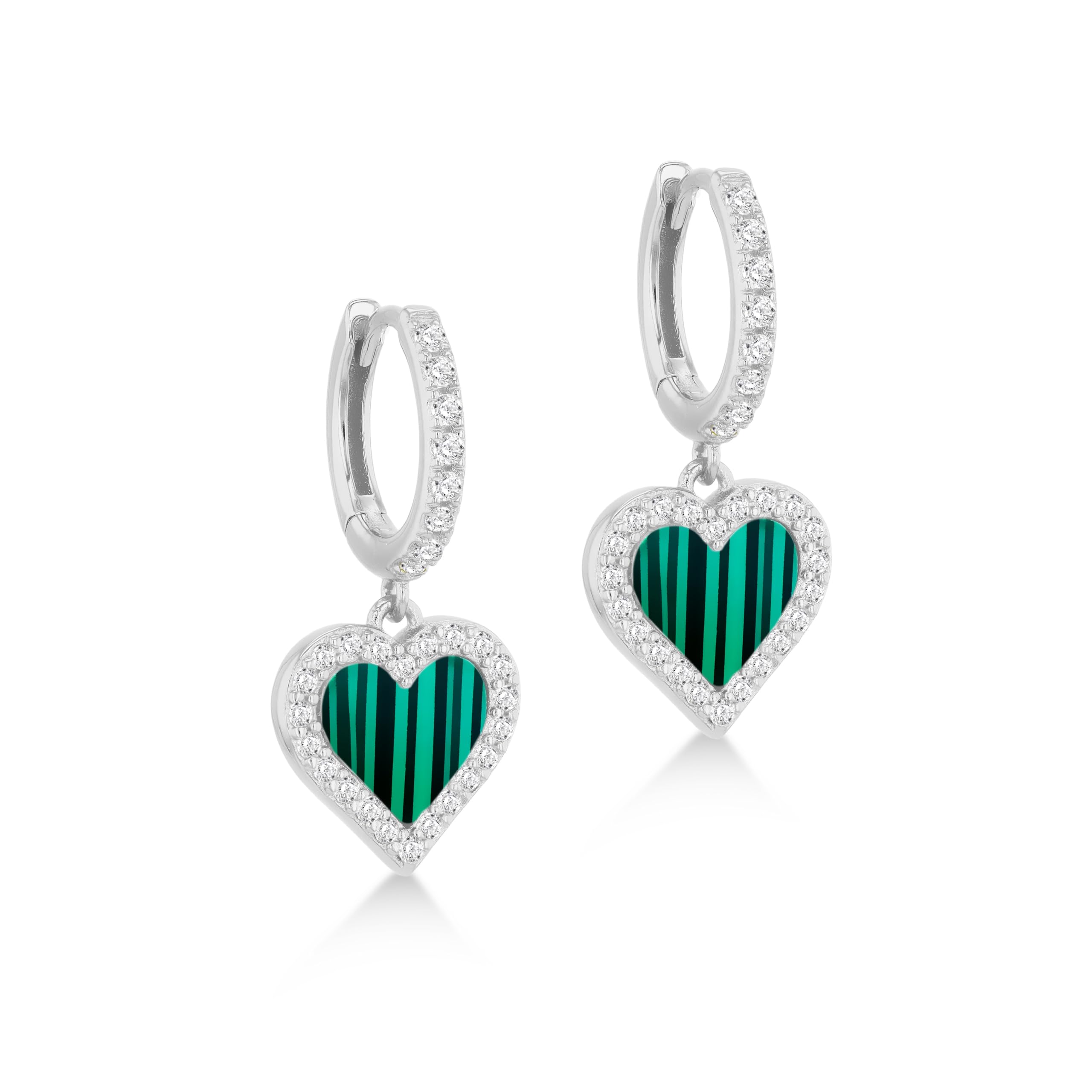 Amazon Essentials Sterling Silver 10mmx 9mm Malachite CZ Heart Hoop Drop Earring