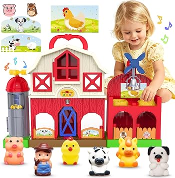 Musical Red Barn Farm Animals Playset for Toddlers 1-3, Interactive Farm Animal Toys for Kids 3-5, Montessori Toys Barn with 3 Stages Learning Resources Songs, Animal Puppets for Boys Girls