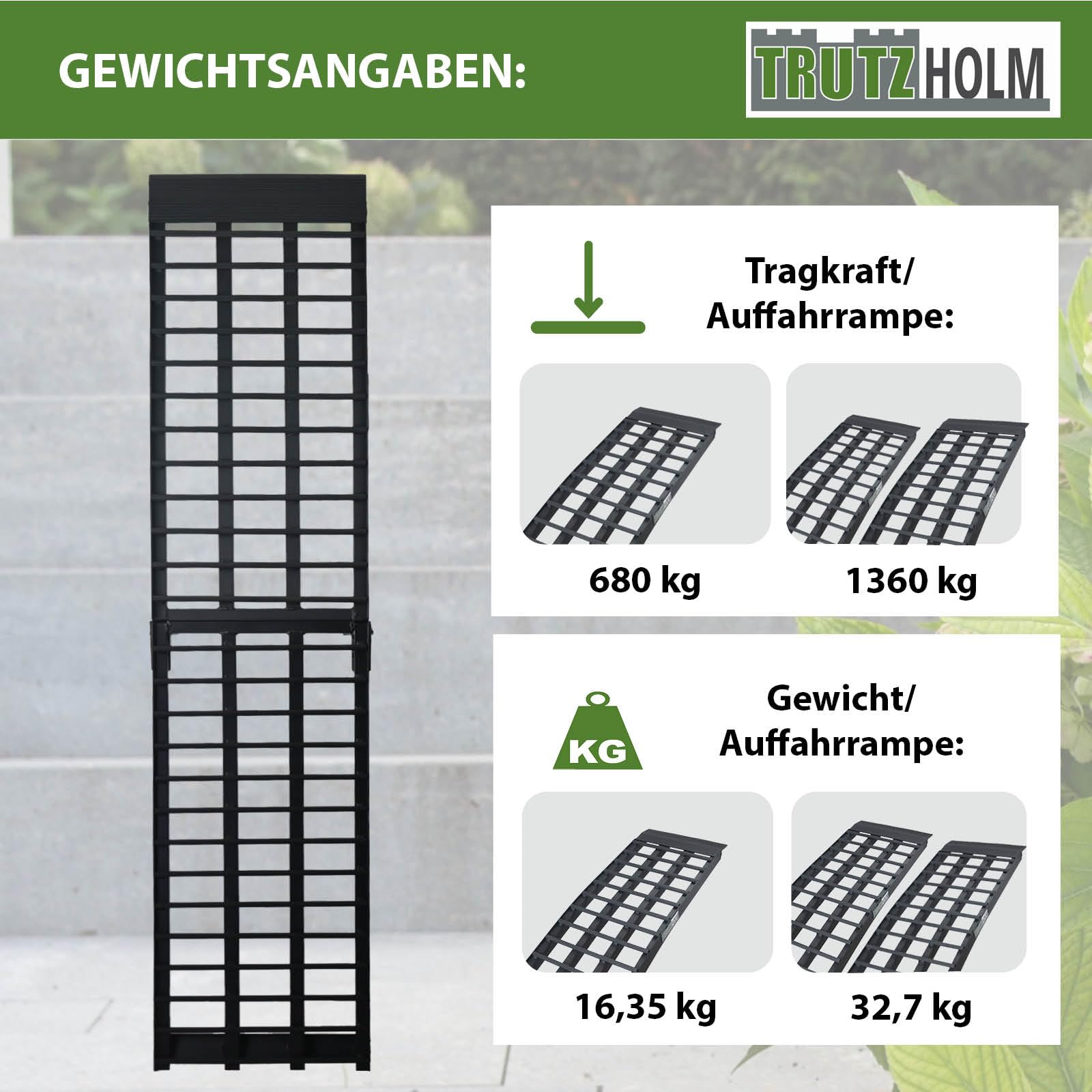 TRUTZHOLM 1 x Auffahrrampe 230 cm Traglast 680 kg Alu klappbar schwarz Riffelstab Verladerampe