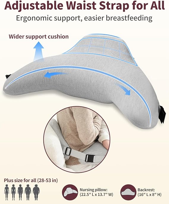 Nursing Pillow - with 2 Removable Cotton Cover, Firm Springy Memory Foam - Adjustable Waist Strap, Ergonomic Support, with Removable Backrest, Easier Breastfeeding