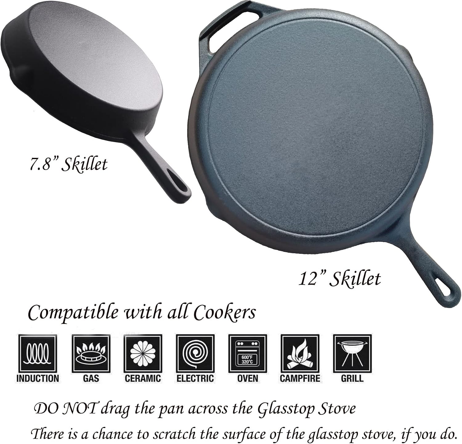 2 pcs set (8 inch and 12 inch) Cast Iron Skillet Frying Pan with Matte Black Enamel Coating – Thermal Resistant Silicone holders included. Ideal for both Indoor & Outdoor use, Oven Safe