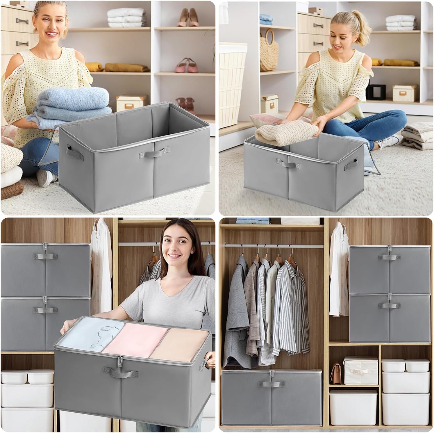 2 Pack 65L Storage Bins with Lids Foldable Closet Storage Box with Zippered Clear Lid Collapsible Storage Bags for Clothes Blankets Towels