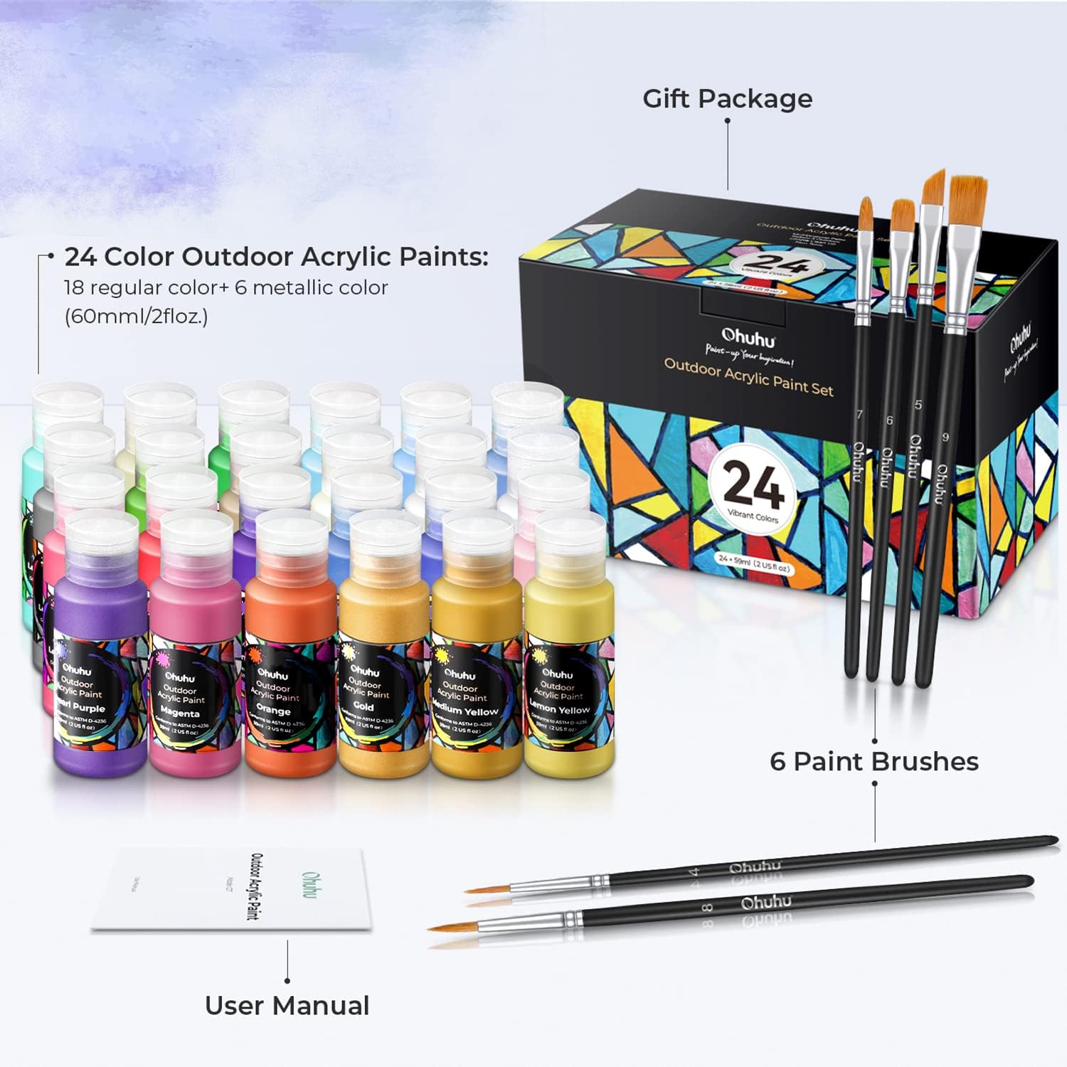 Ohuhu Outdoor Acrylic Paint for Metal, 24 Colors Paint Set, 2 oz./60ml Bottles for Artist, Beginners 18 Basic& 6 Metallic Acrylic Paints with 6 Brushes for Drawing, Waterproof Rich Pigments on Garden Statues, Woods, Rocks, Canvas, Glass, Fabrics, Last 3-4 Years