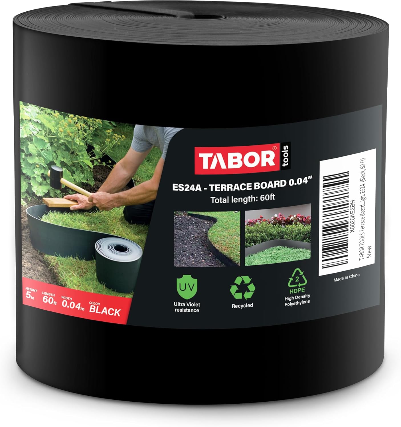 TABOR TOOLS 60 Ft Terrace Board, 5 Inch High, 0.04" Inch Thin, Landscape Edging Coil, Grass Barrier, Bender Board, Garden Liner, ES24. (Black)