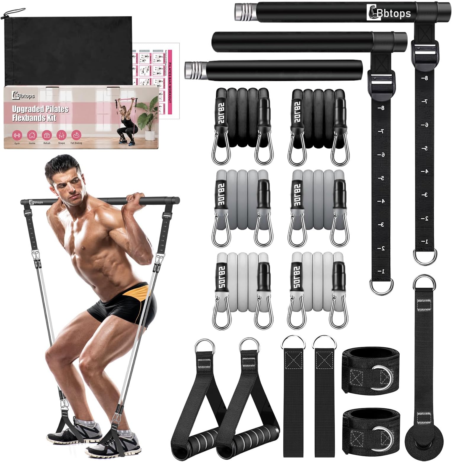 Bbtops Pilates Bar Kit with Resistance Bands,Pilates Bar with Stackable Bands Workout Equipment for Legs,Hip,Waist and Arm,Exercise Fitness Equipment for Women & Men Home Gym Yoga Pilates