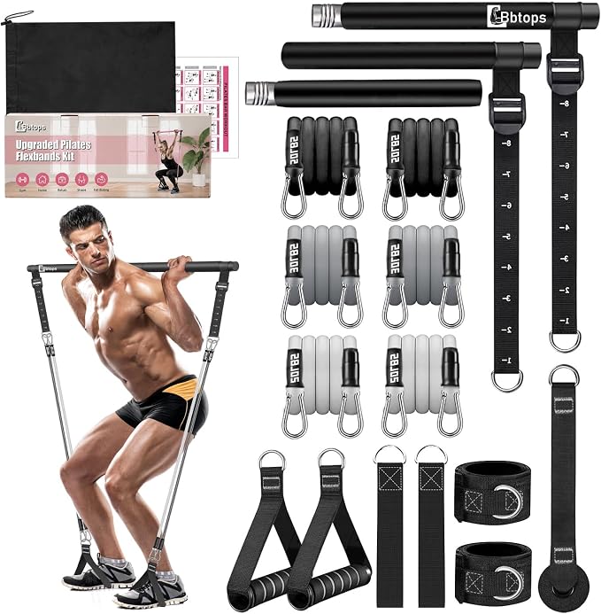 Bbtops Pilates Bar Kit with Resistance Bands,Pilates Bar with Stackable Bands Workout Equipment for Legs,Hip,Waist and Arm,Exercise Fitness Equipment for Women & Men Home Gym Yoga Pilates