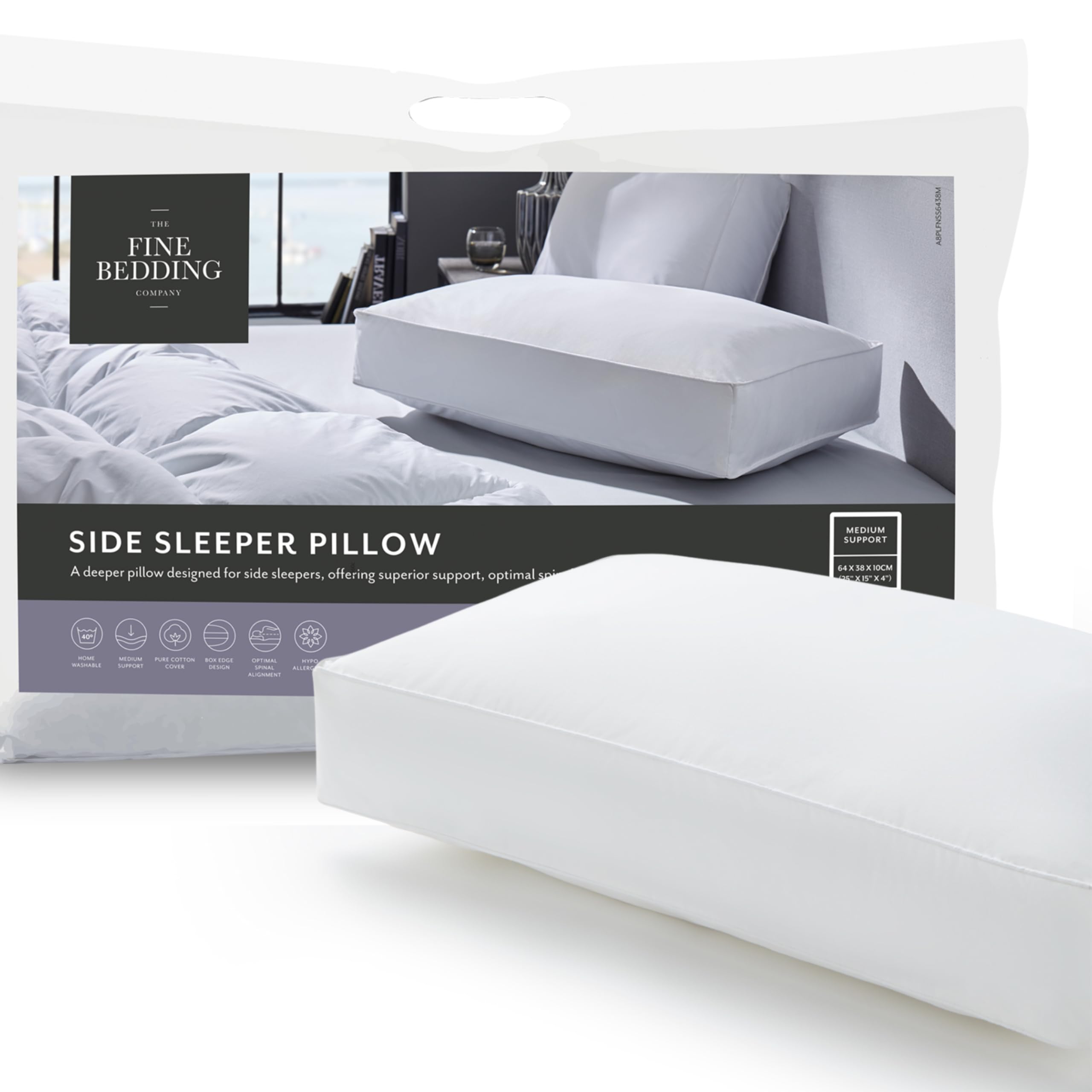 The Fine Bedding Company White Side Sleeper Pillow – Medium Pillow With Flowfil Fibres, 230 Thread Count Cotton Cover, Pillows For Side Sleepers, Hypoallergenic, Machine Washable – Single (1 Pack)