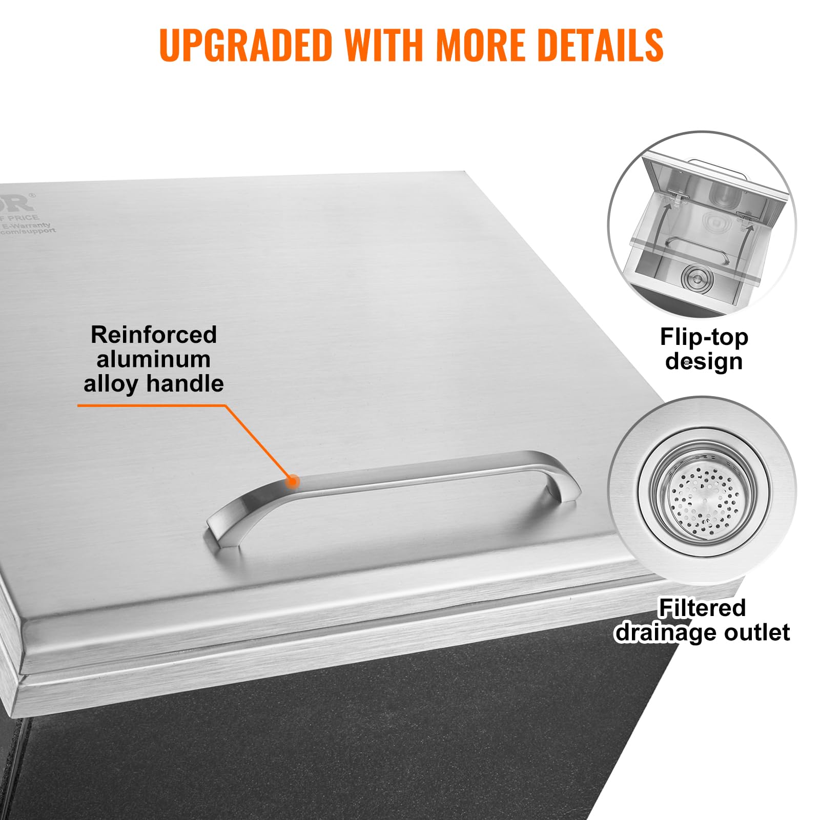 VEVOR Cofre de Hielo, 355 mm de Largo x 305 mm de Ancho x 461 mm de Alto, Enfriador de Hielo de Acero Inoxidable, Contenedor de Hielo Comercial con Cubierta con Bisagras, Aleación de Aluminio de Mango