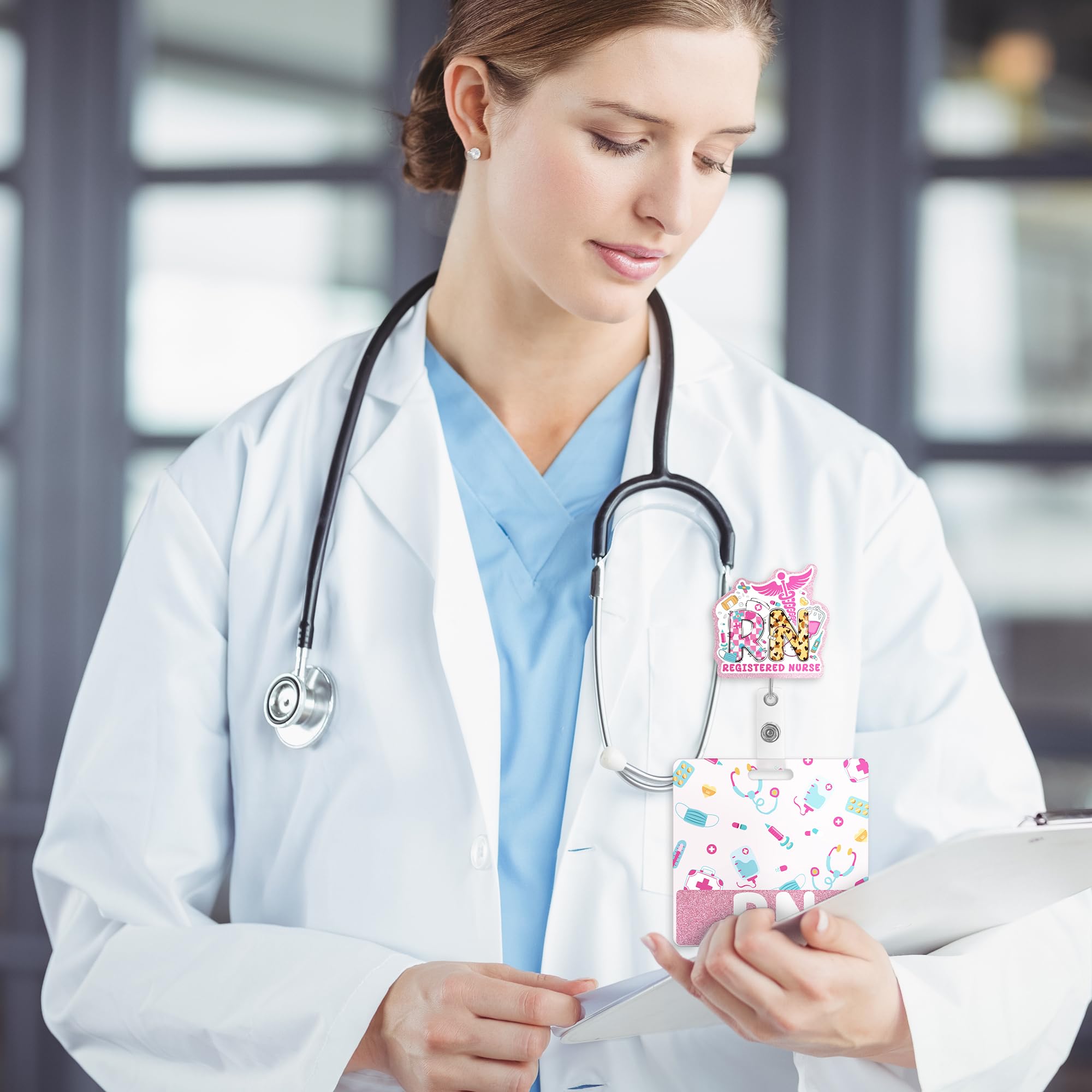 Obookey Nurse Badge Reel Retractable Holder Cute ID Badge Holder With Alligator Clip Beads, Office Card Reels Nursing Gifts (Pink Pumpkin Ghost 2 thumbnail image